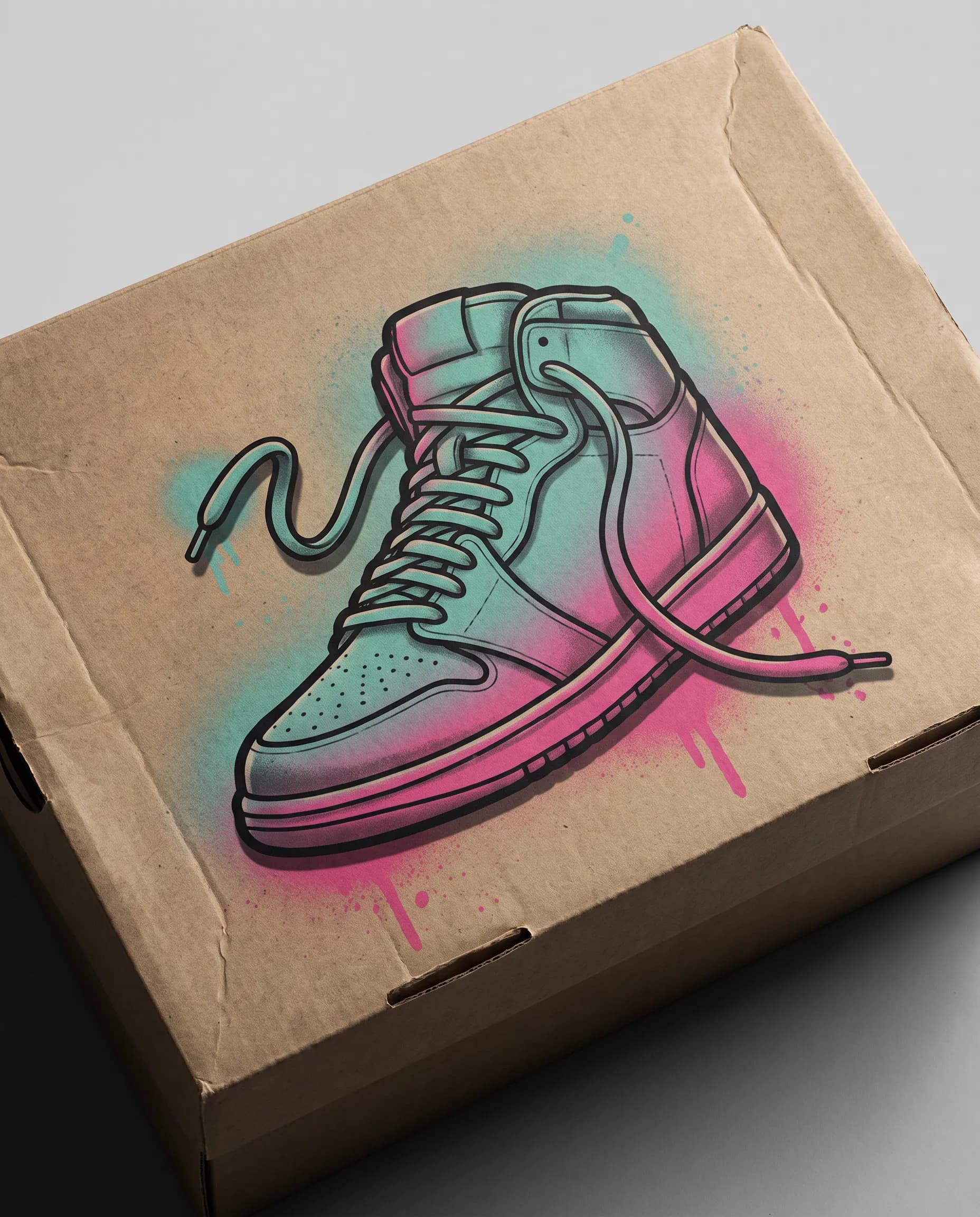 Shoebox lid printed with a chunky high-top sneaker in spray-paint colors, graffiti art style