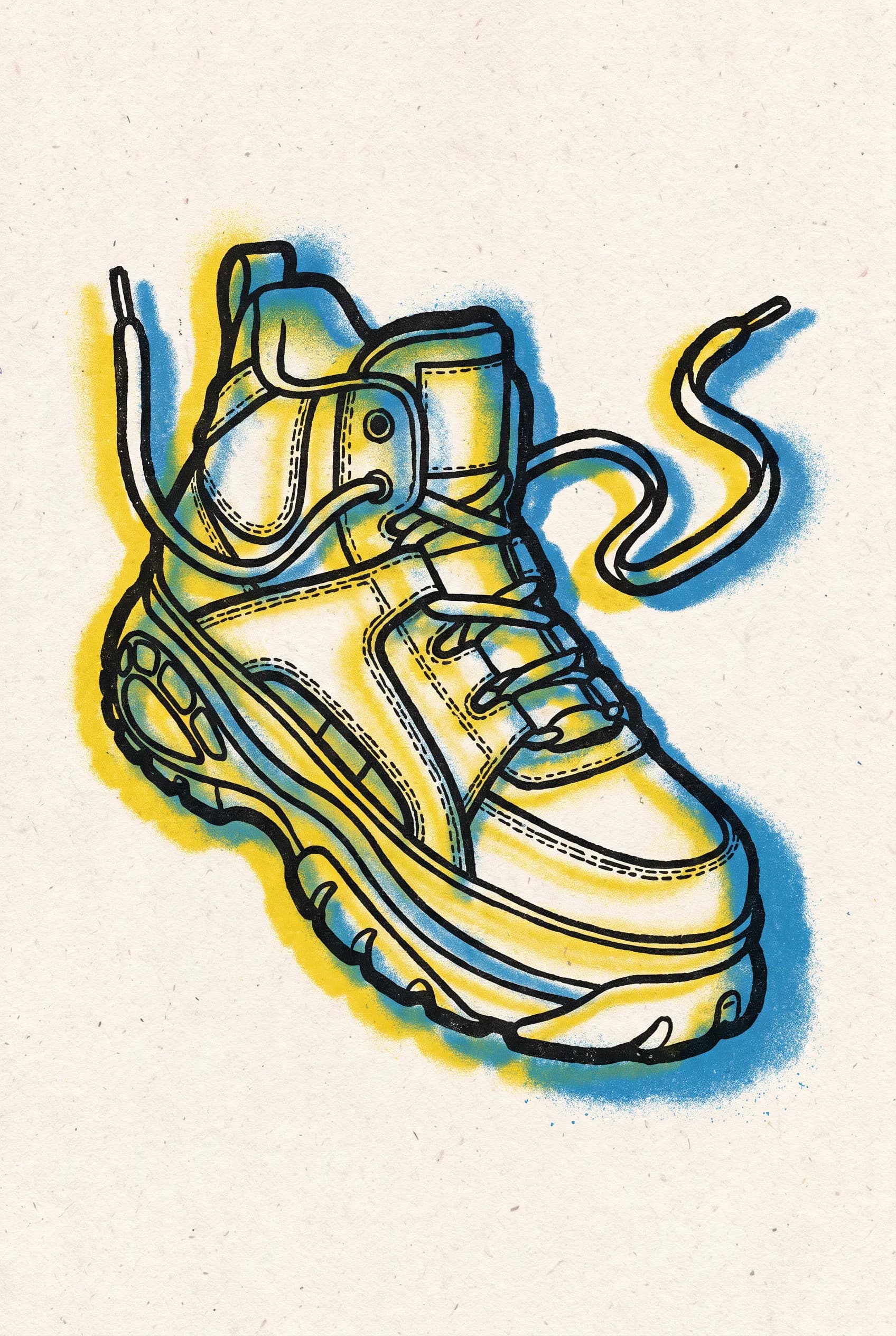 Three-color screen-printed poster of a chunky high-top sneaker, graffiti art style