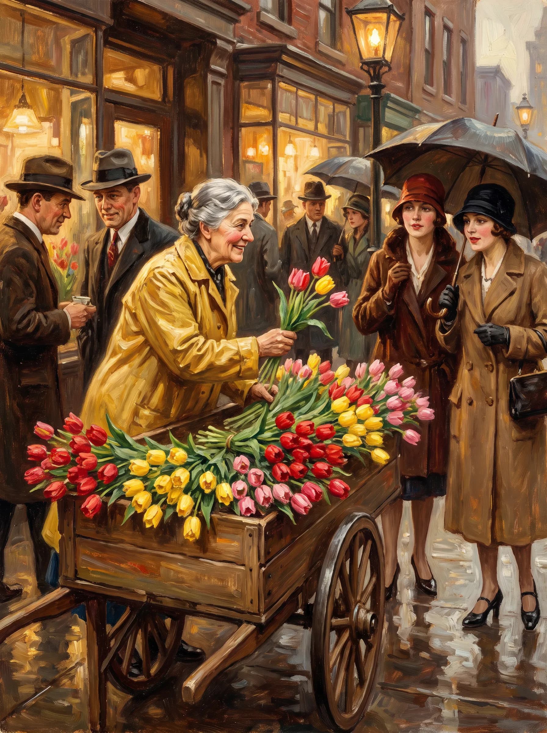 Oil painting of a flower seller at a tulip cart in a 1920s magazine manner, illustrative art style