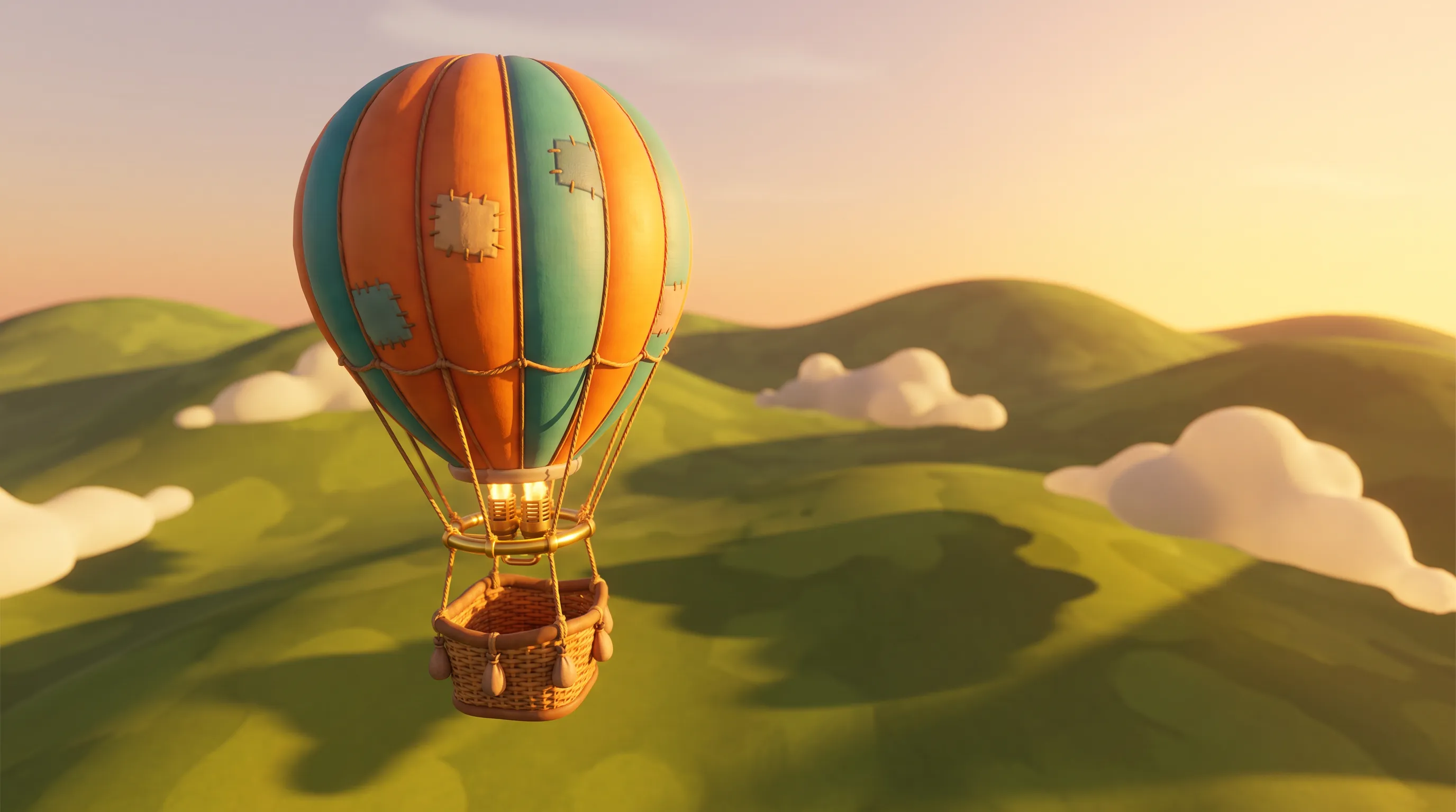 Striped hot air balloon drifting over hills at golden hour, stylized PBR 3D art style