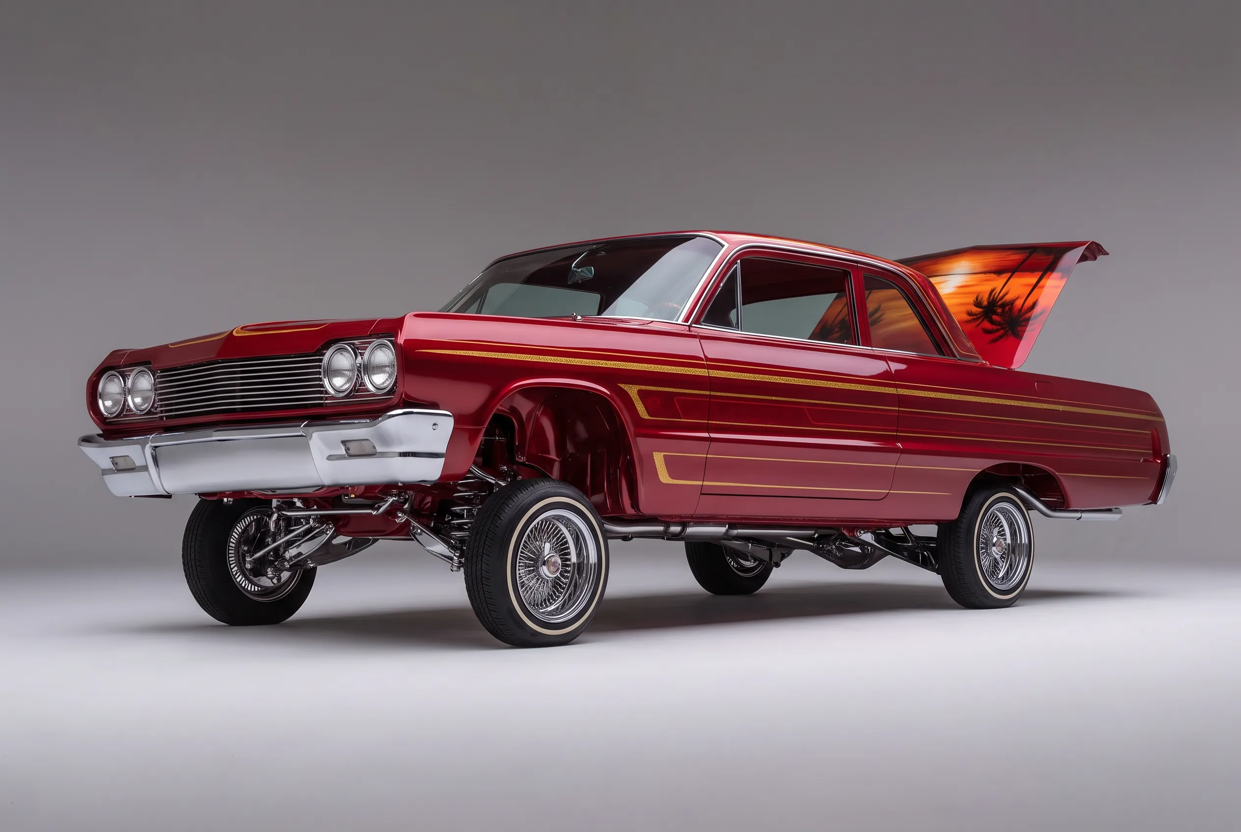 Studio photograph of a candy-apple red lowrider with pinstriping and a trunk mural, Chicano art style