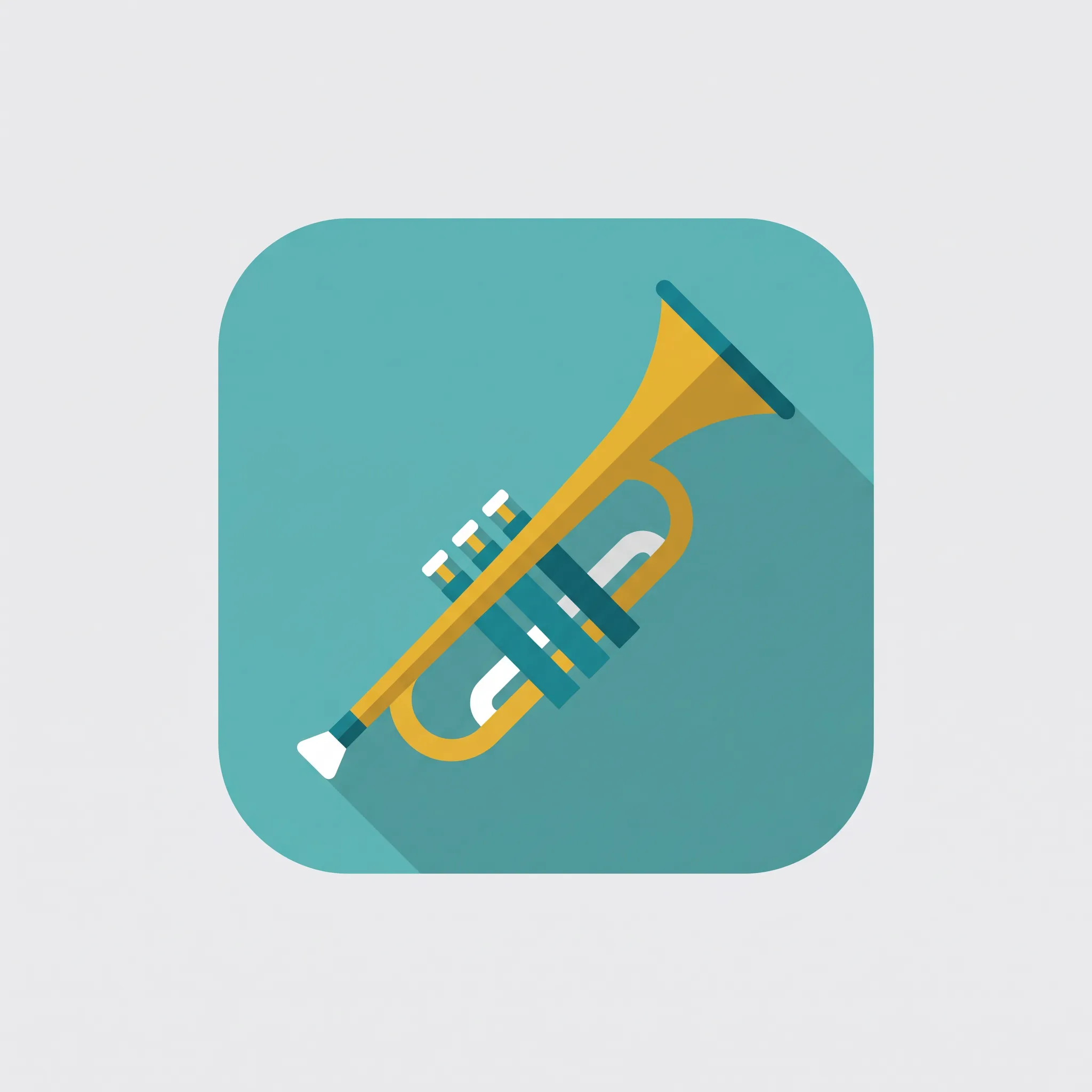 Trumpet app icon in mustard and teal solid fills, flat design style