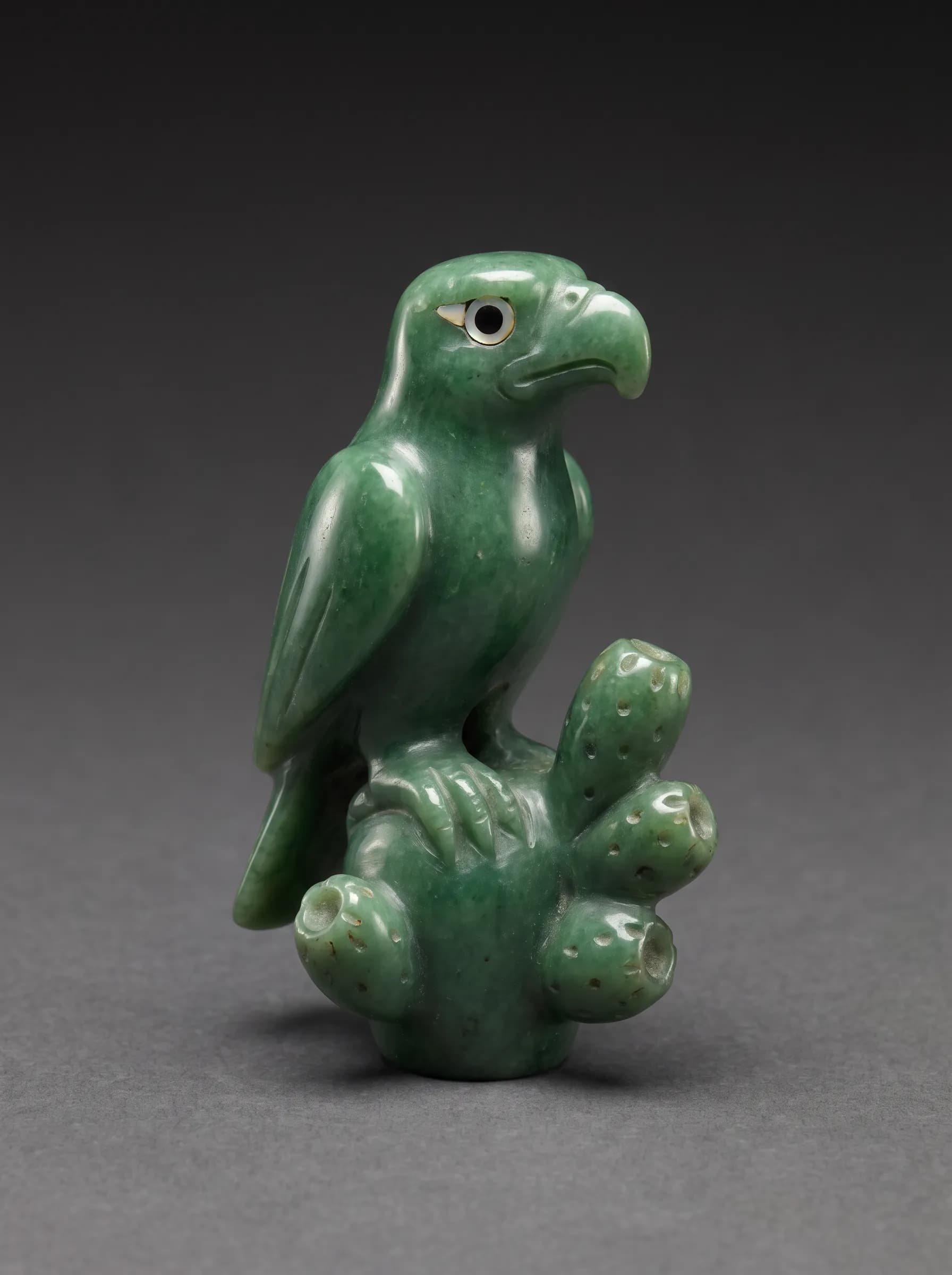 Small polished greenstone carving of an eagle on a nopal cactus, Aztec art style