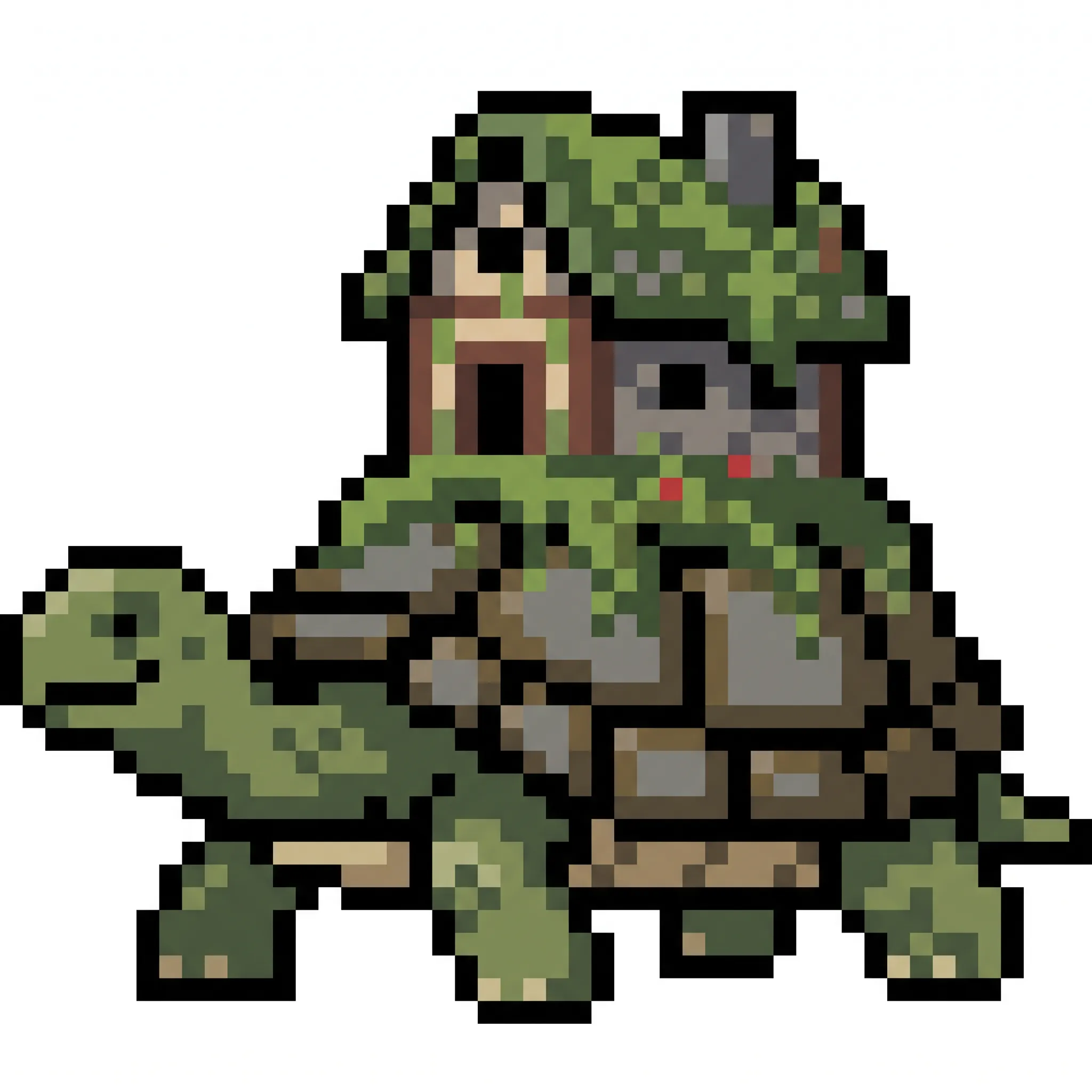 Giant tortoise carrying a moss-roofed cottage, drawn as an 8-bit pixel art sprite