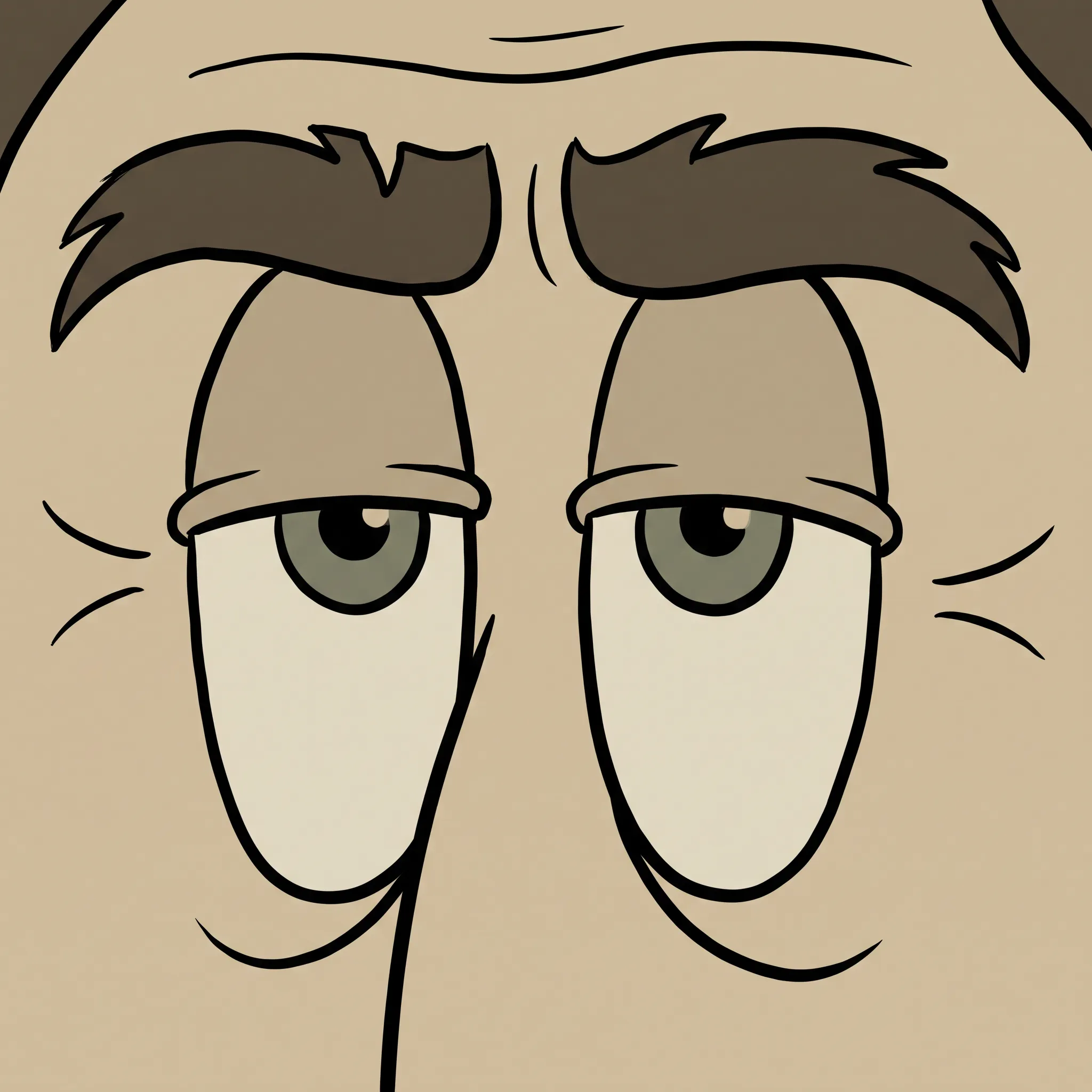 Egg-shaped eyes of a man in his forties with bushy brows, classic cartoon eye art style