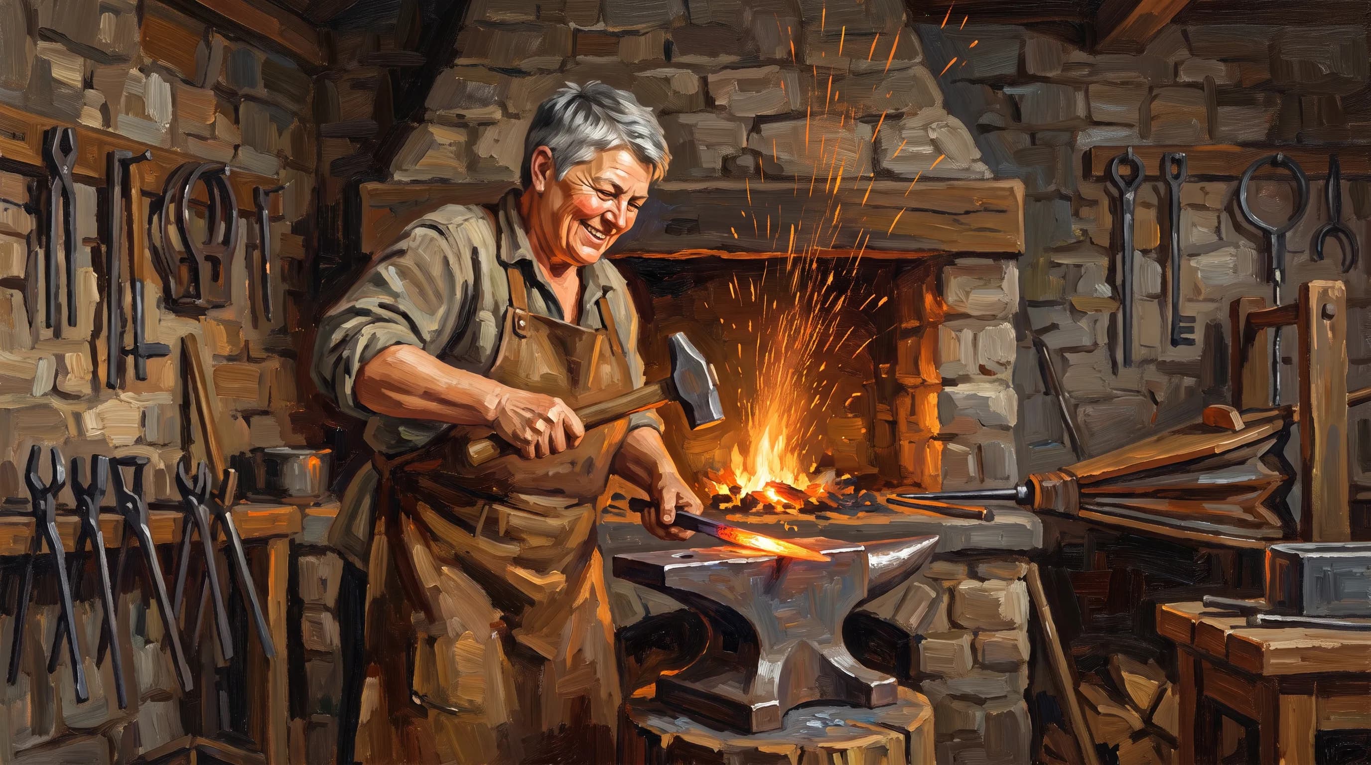 Blacksmith at her forge in an exaggerated realism character art style, oil painting