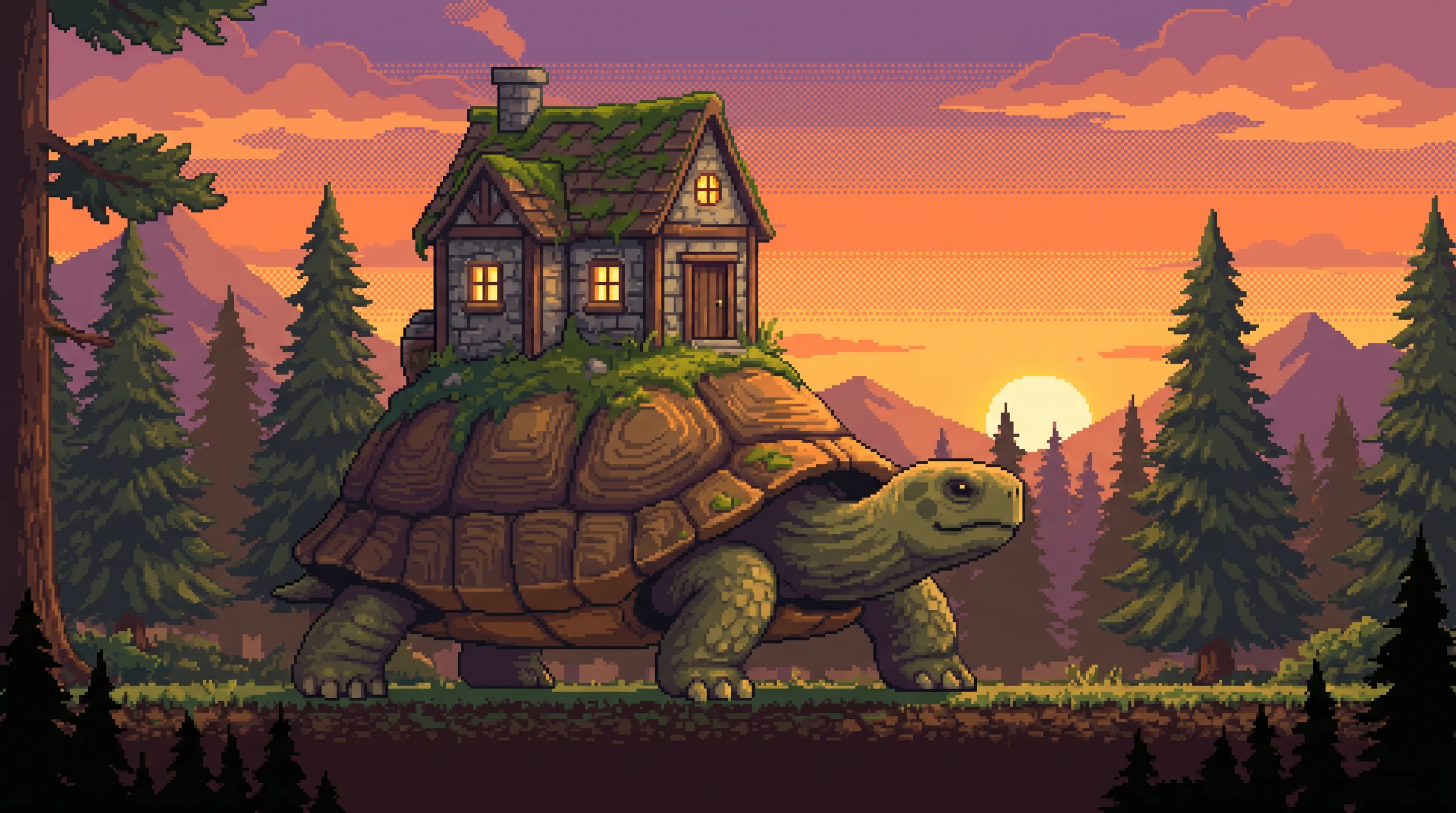 Giant tortoise carrying a cottage through a pine forest at sunset, 16-bit pixel art