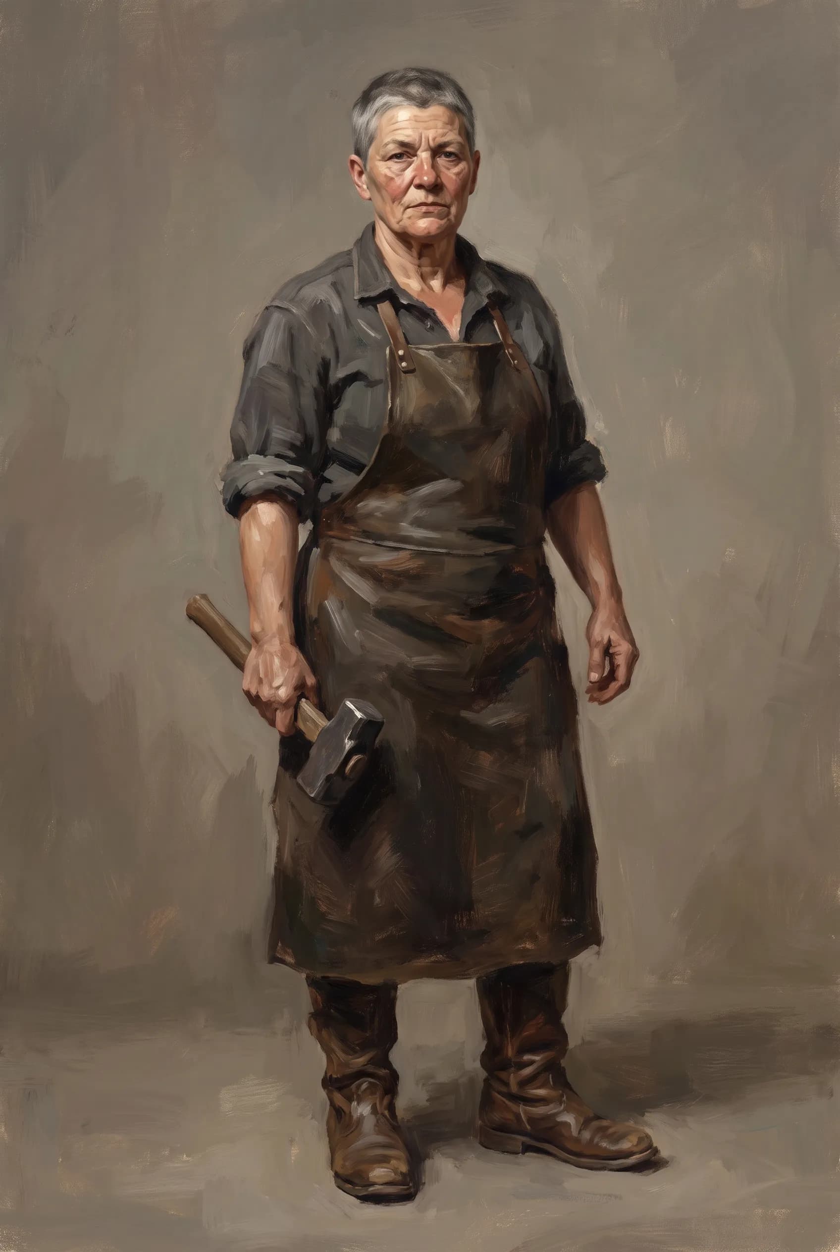 Blacksmith in her fifties drawn to realistic proportions, realistic character art style concept painting