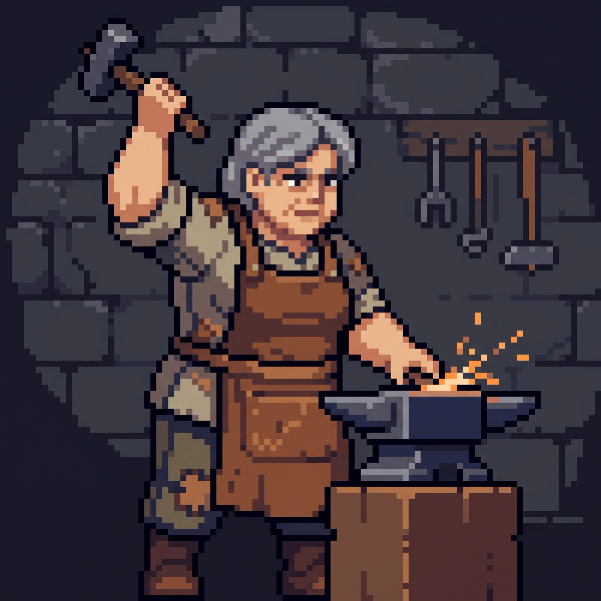 Blacksmith raising a hammer over an anvil, 16-bit pixel sprite character art style