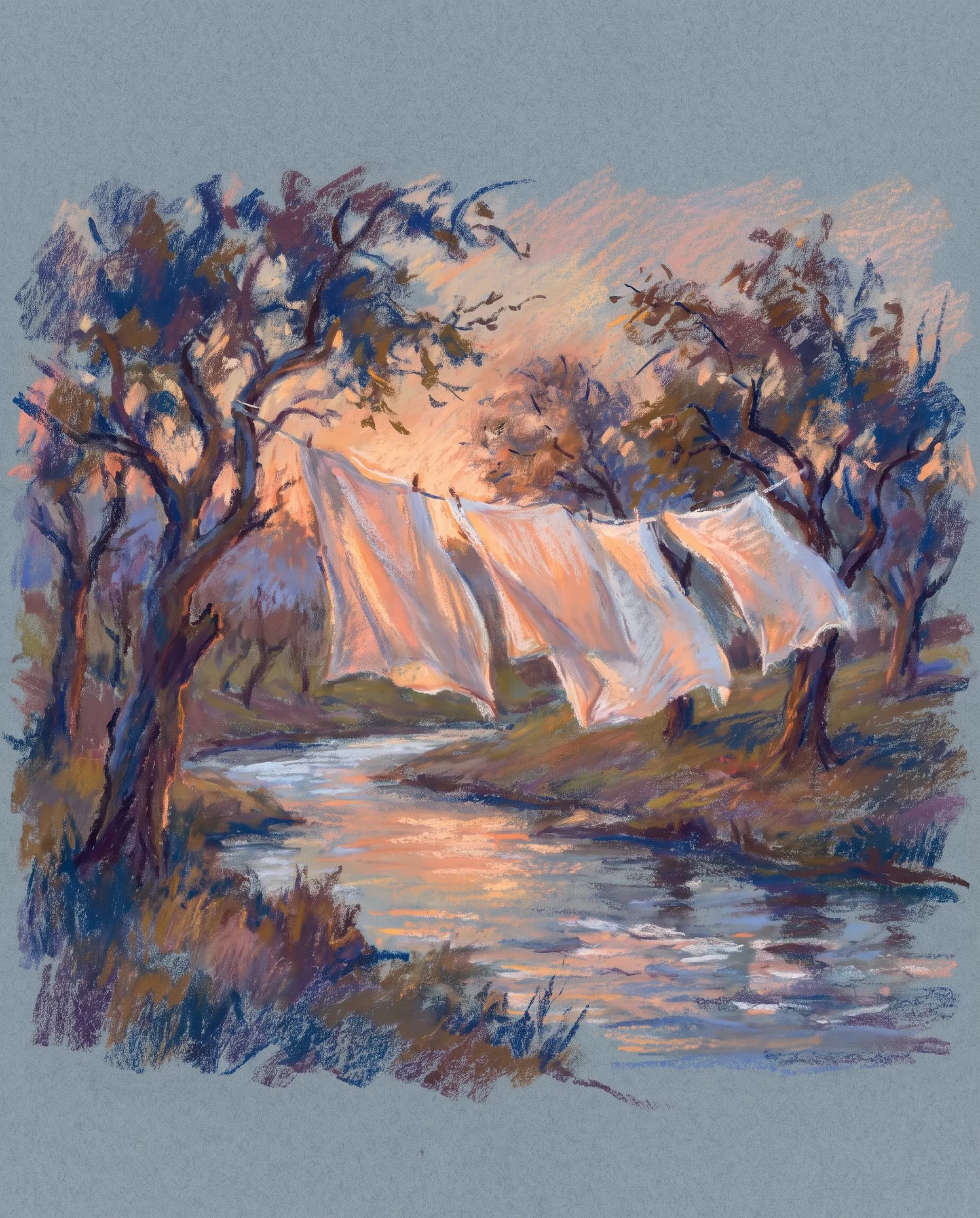 Pastel drawing of white sheets on a washing line in a riverside orchard at sunset, Claude Monet art style