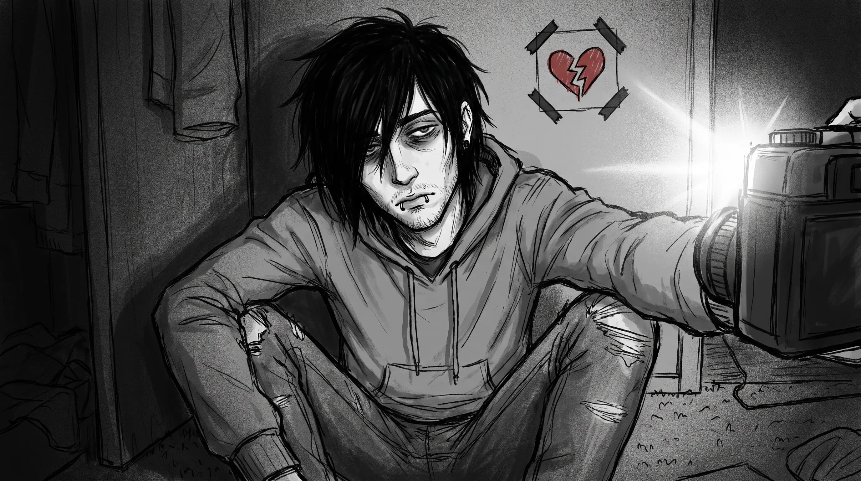 Flash-lit digital painting of a stubbled man with a black fringe sitting on a bedroom floor, emo art style