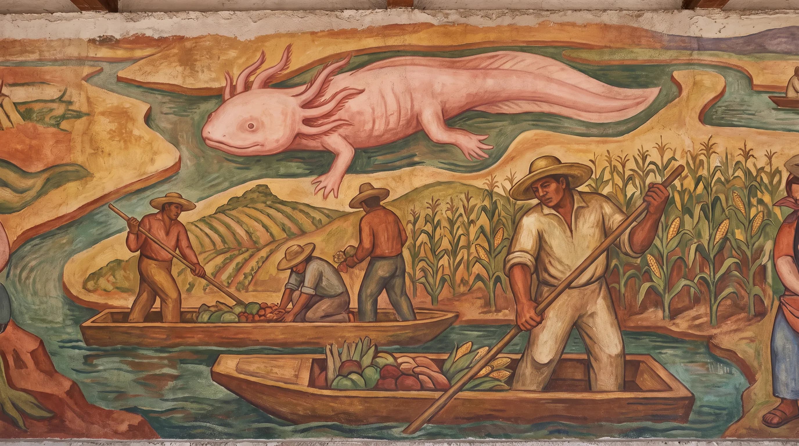 Buon fresco mural of a giant pink axolotl in canals with farmers and corn fields, Mexican muralism style