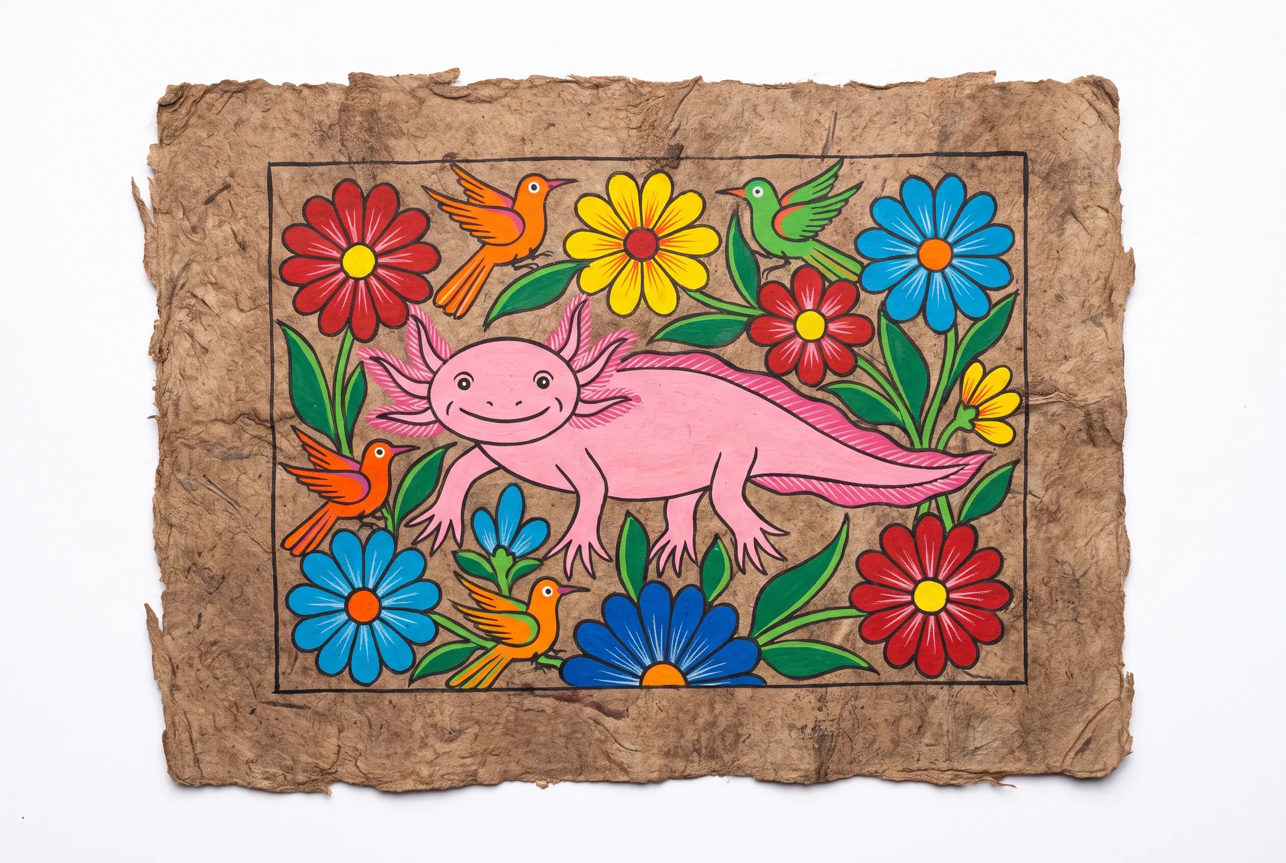 Amate bark painting of a pink axolotl among flowers and birds, Guerrero folk painting style