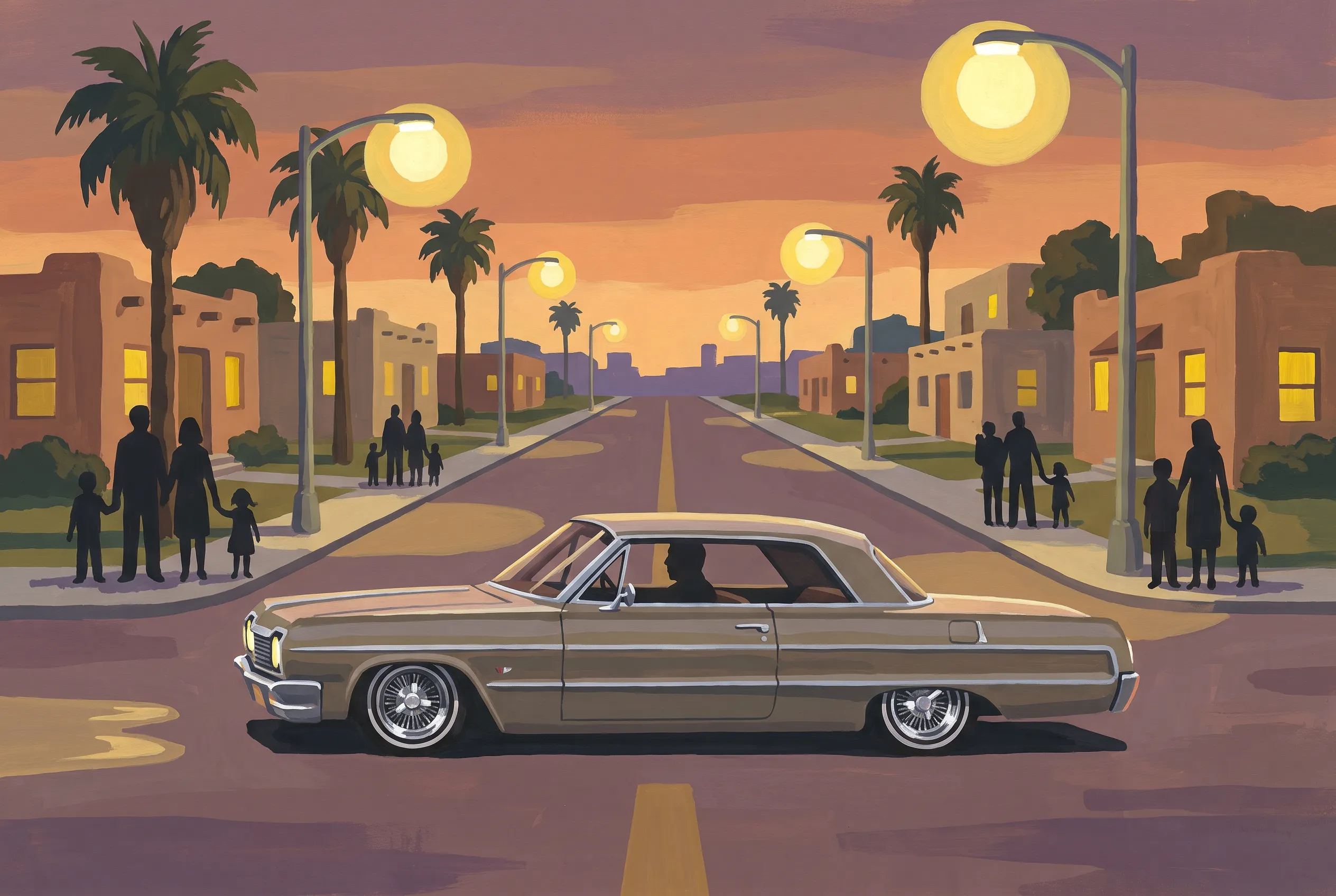 Gouache painting of a lowrider sedan cruising a boulevard at dusk, Chicano art style