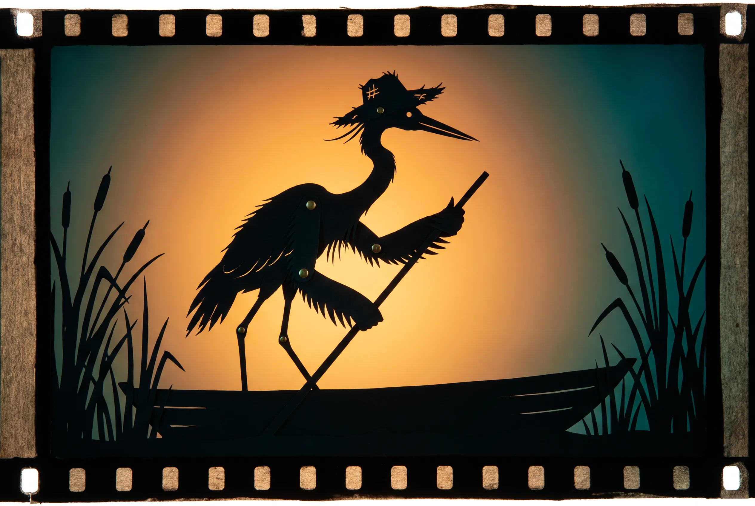 Black paper heron ferryman against a glowing backdrop, silhouette cutout animated art style