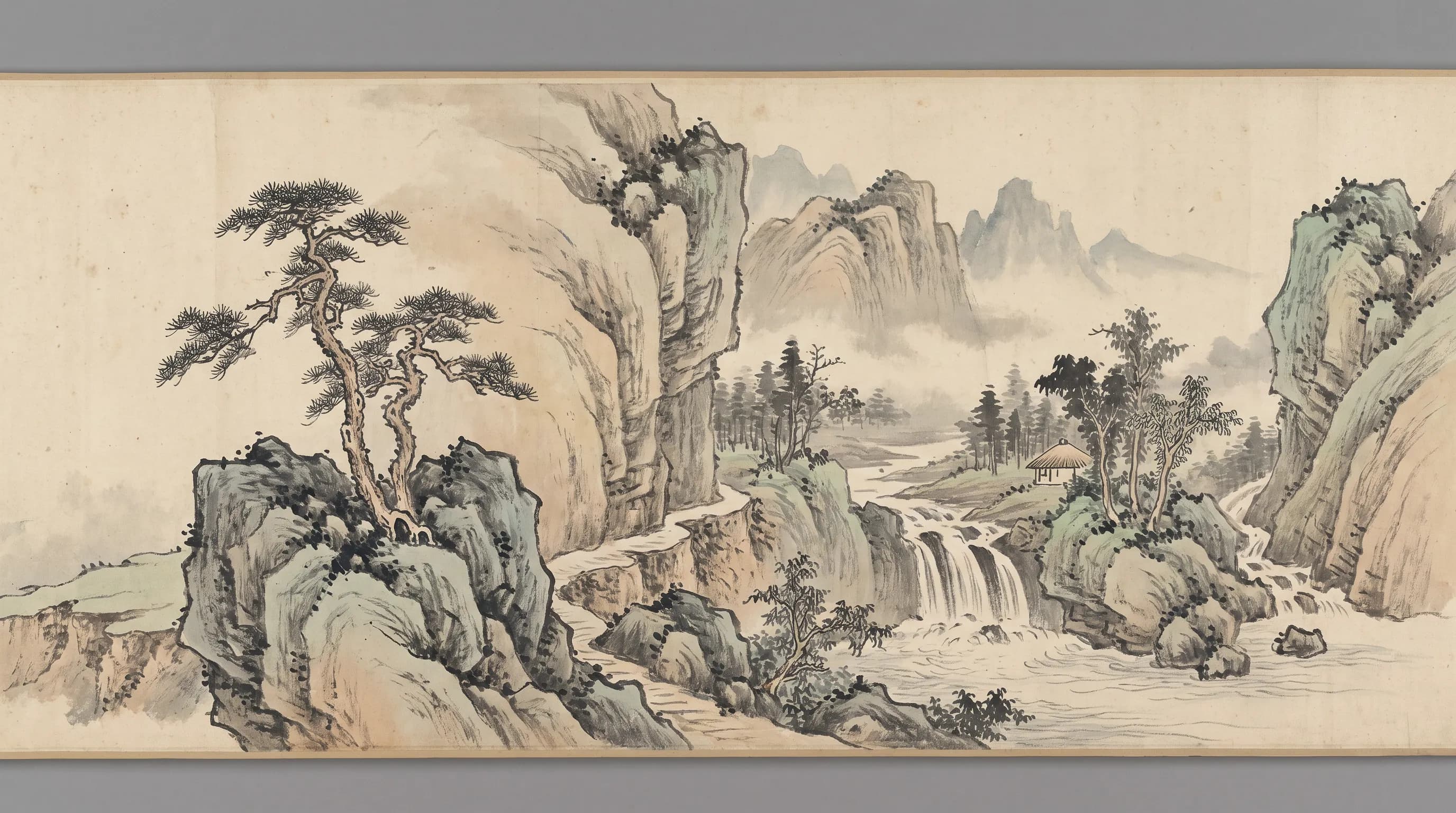 Lone pine on a rocky outcrop below misty mountains and a waterfall, shan shui Chinese art style