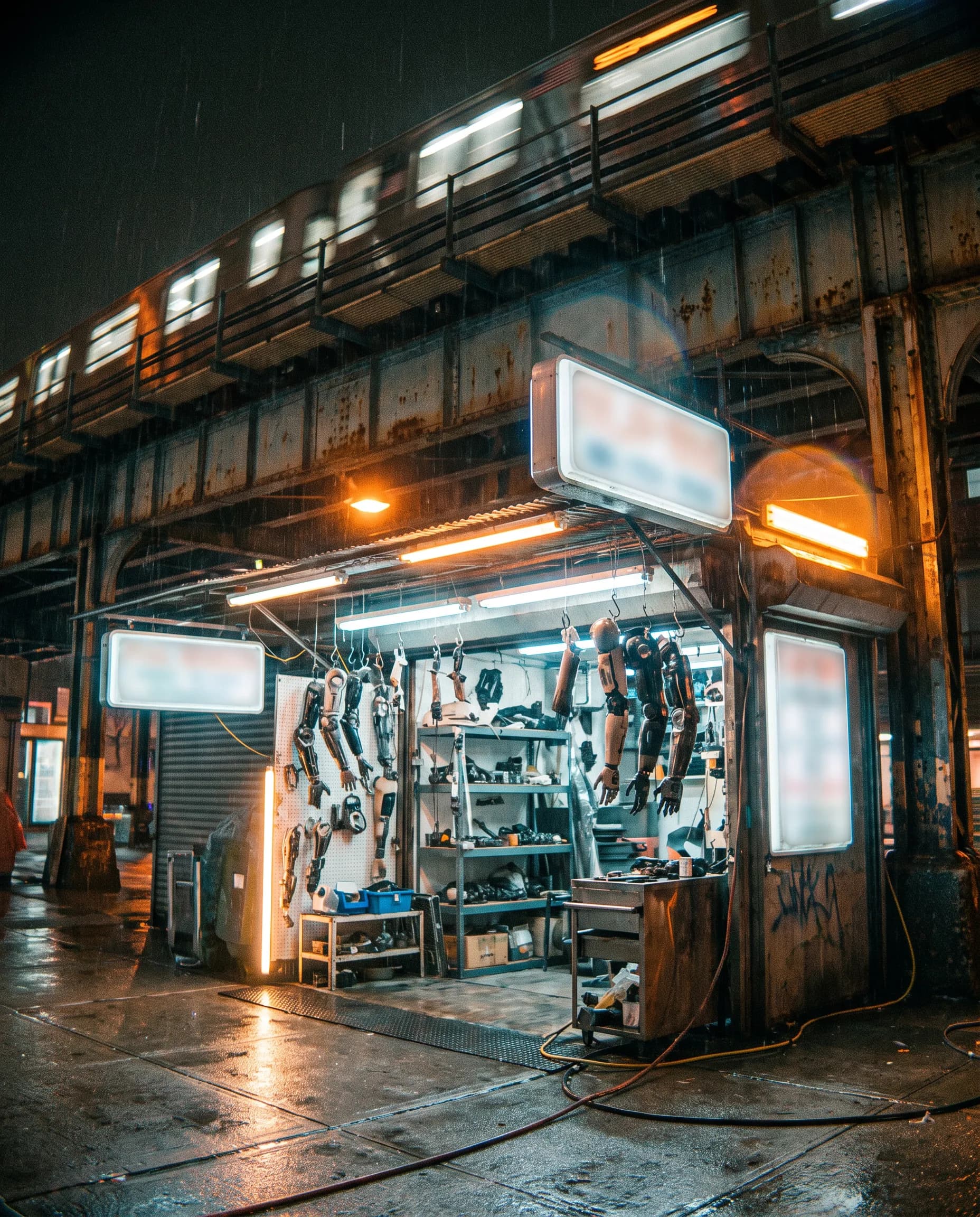 Rainy 35mm night photograph of a cybernetic arm repair stall under a passing train, cyberpunk art style