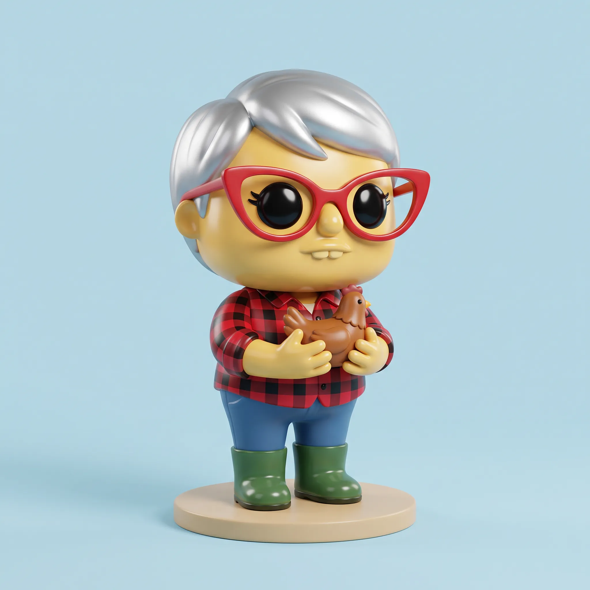 Vinyl collectible figure of a woman in cat-eye glasses cradling a hen, Simpsons art style