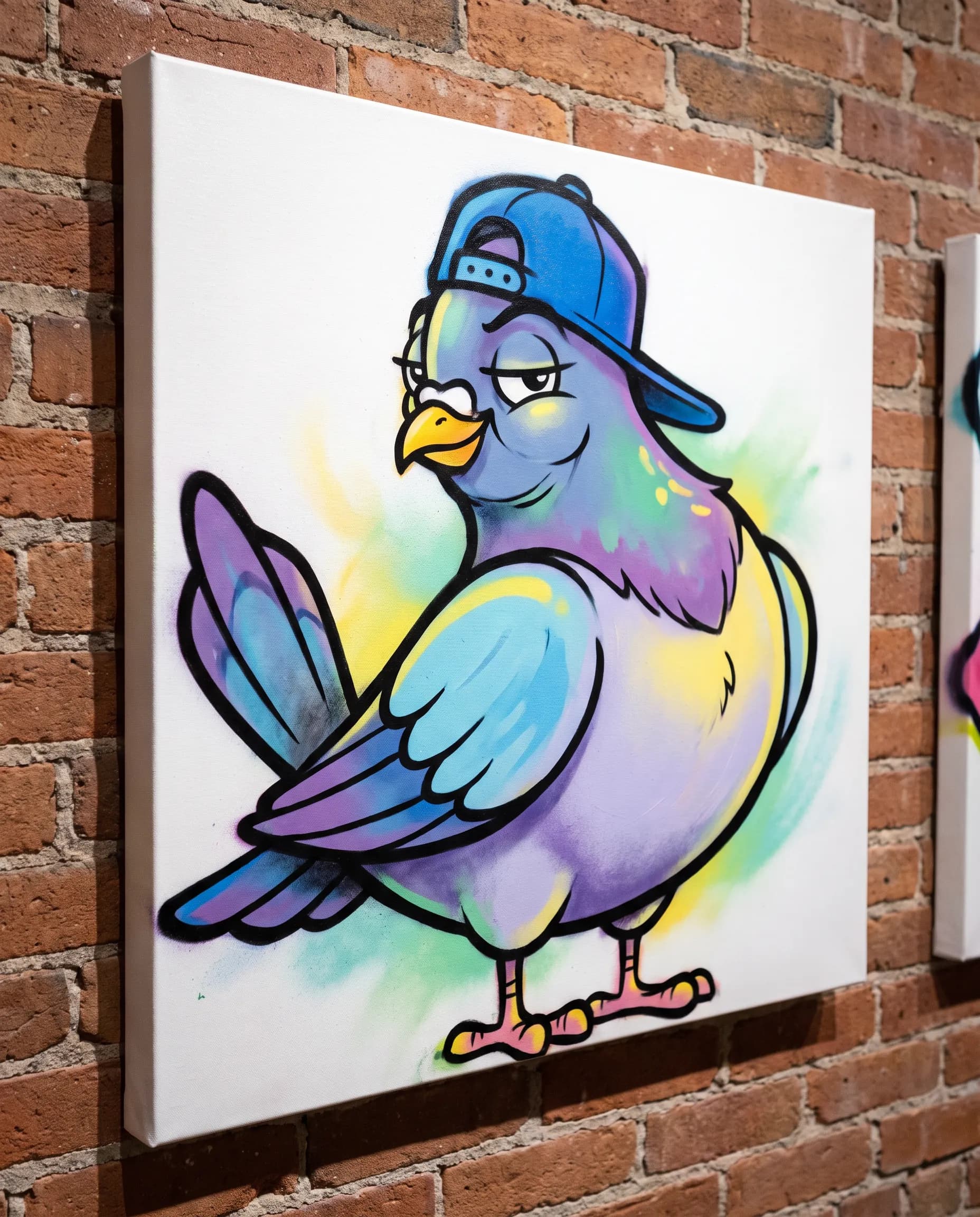 Cartoon pigeon character puffing out its chest in spray paint on canvas, graffiti character style