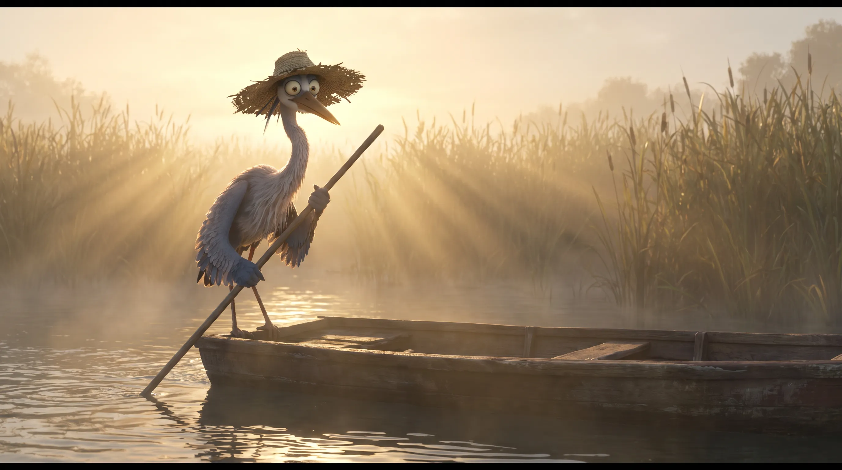 Heron ferryman in misty reeds in a 3D CG animated art style