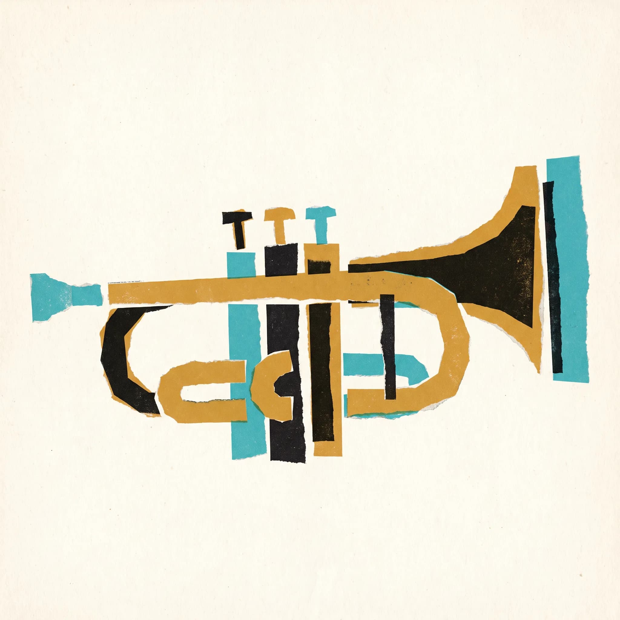 Trumpet made of torn paper shapes on a jazz record sleeve, 1950s American modernist style