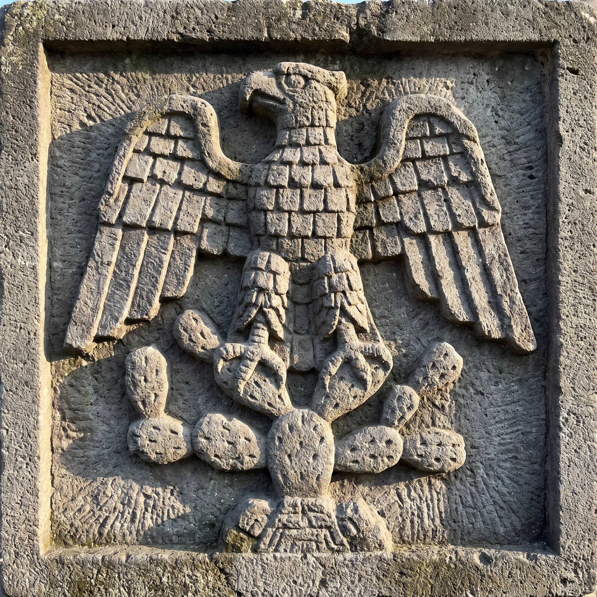 Eagle perched on a nopal cactus carved as a gray basalt relief panel, Aztec art style
