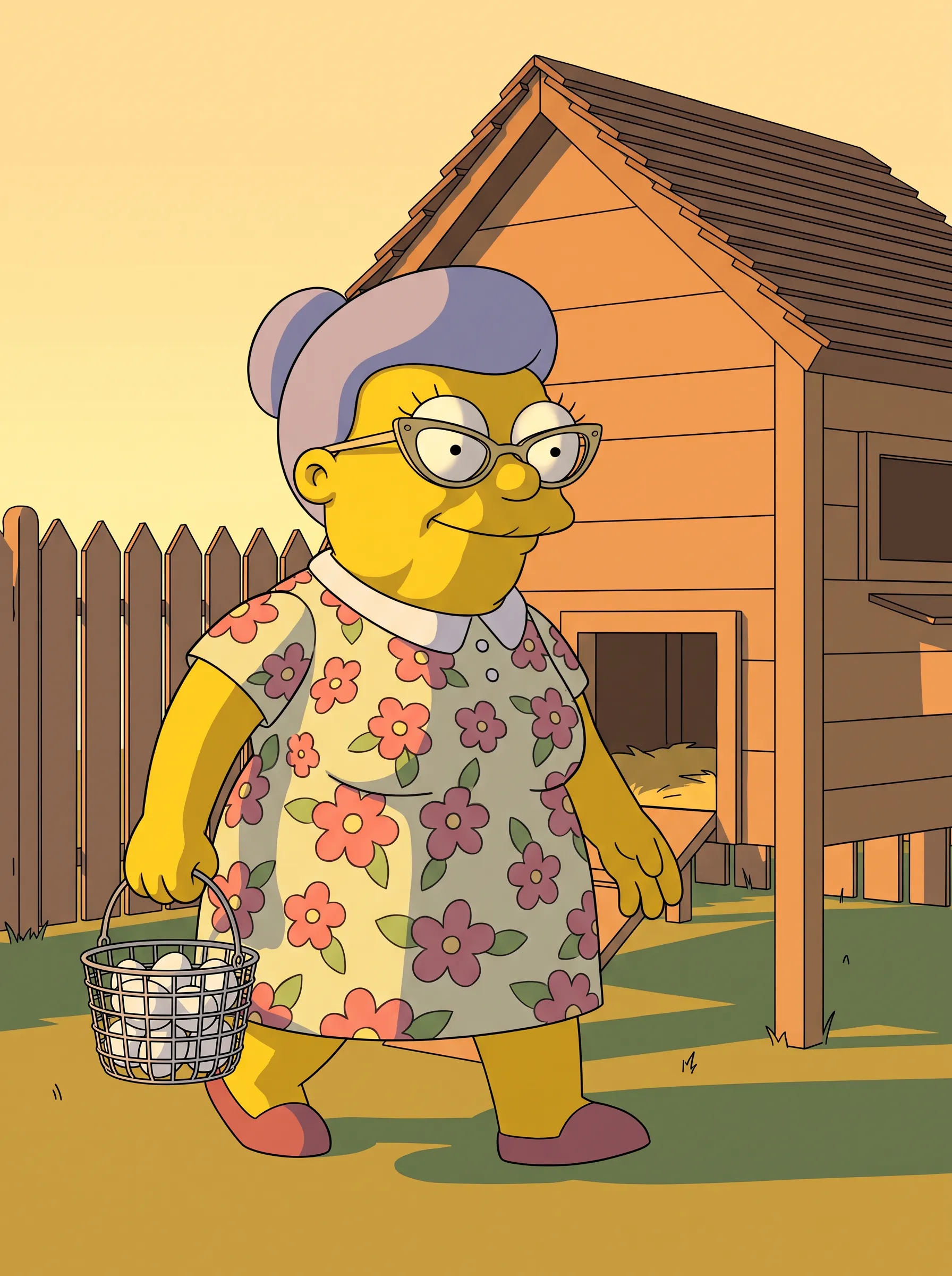3D render of a stout woman carrying an egg basket past her henhouse, Simpsons art style