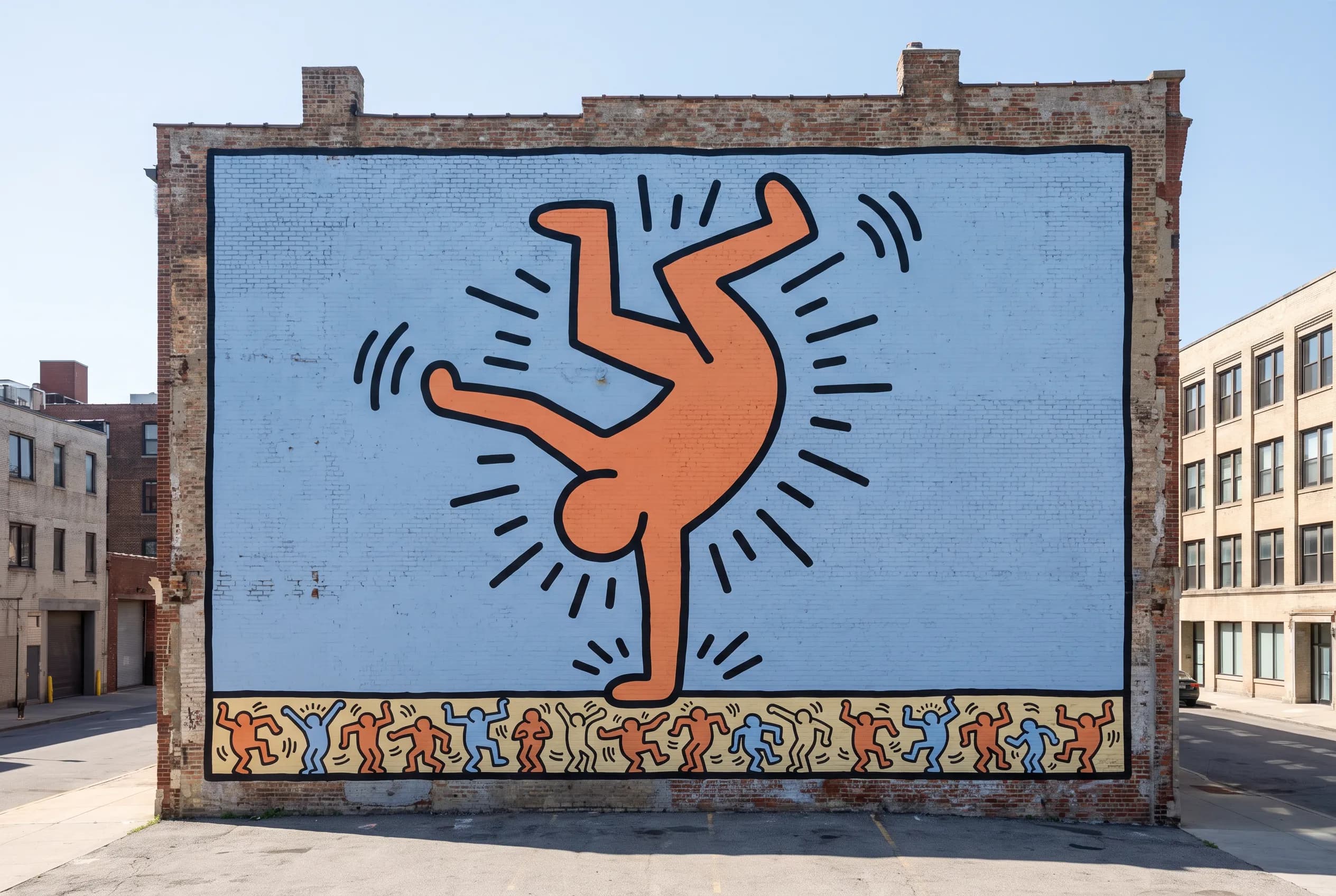 Brick wall mural of an orange breakdancer on a pale blue ground, Keith Haring art style