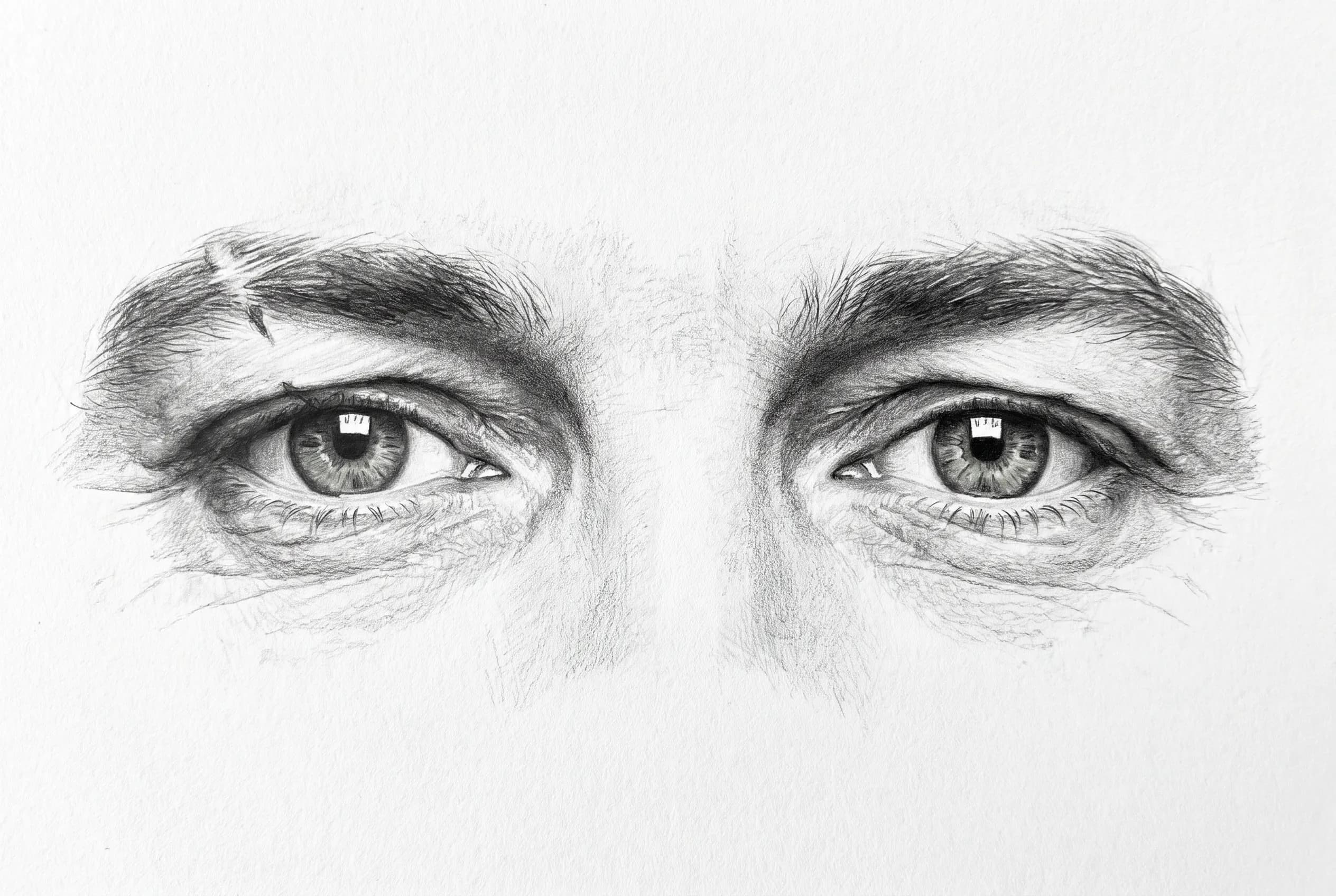 Eyes of a man in his forties with crow's feet, realistic graphite eye art style
