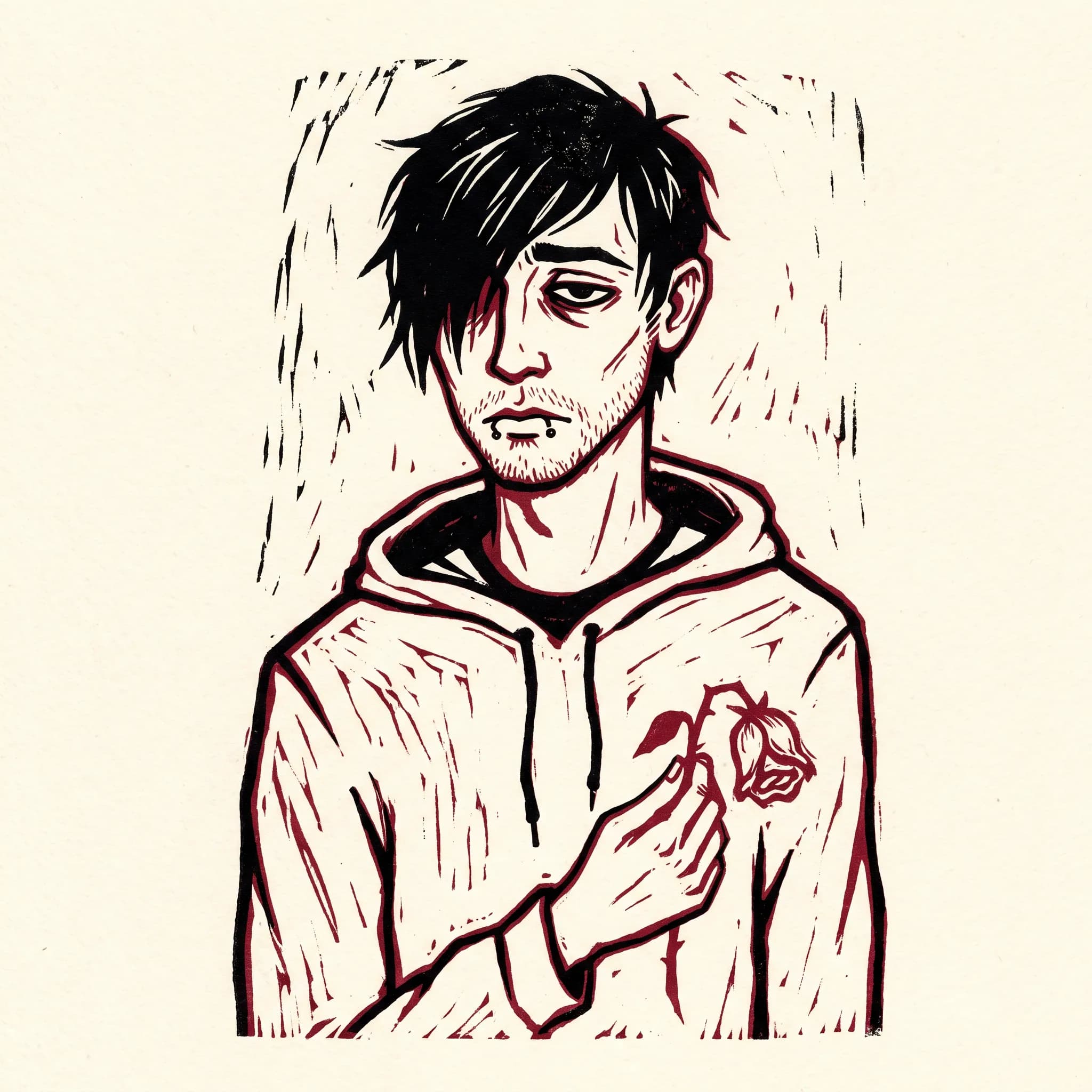 Black and red linocut print of a stubbled man holding a wilted rose, emo art style