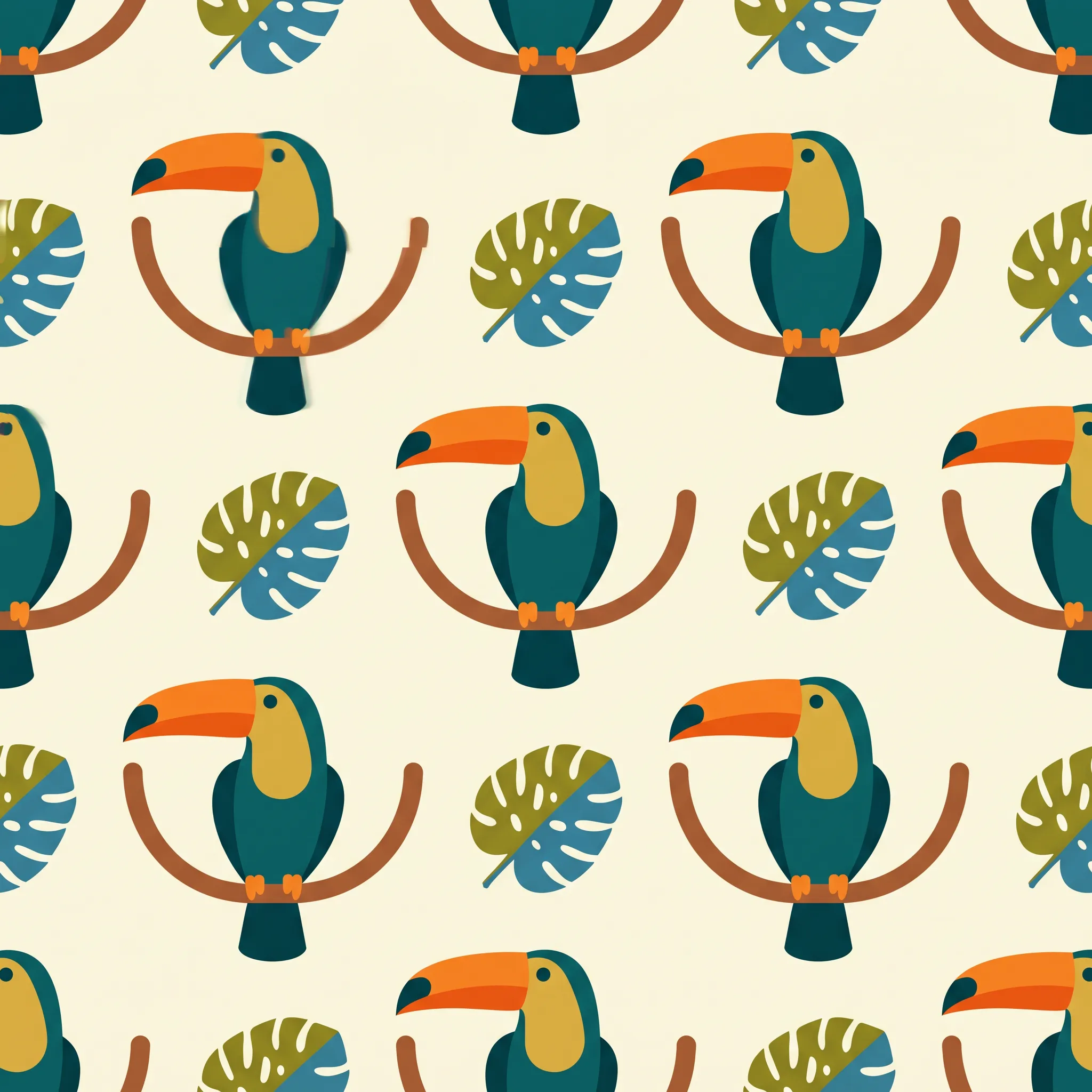 Seamless pattern of toucans on branches between monstera leaves, vector art style