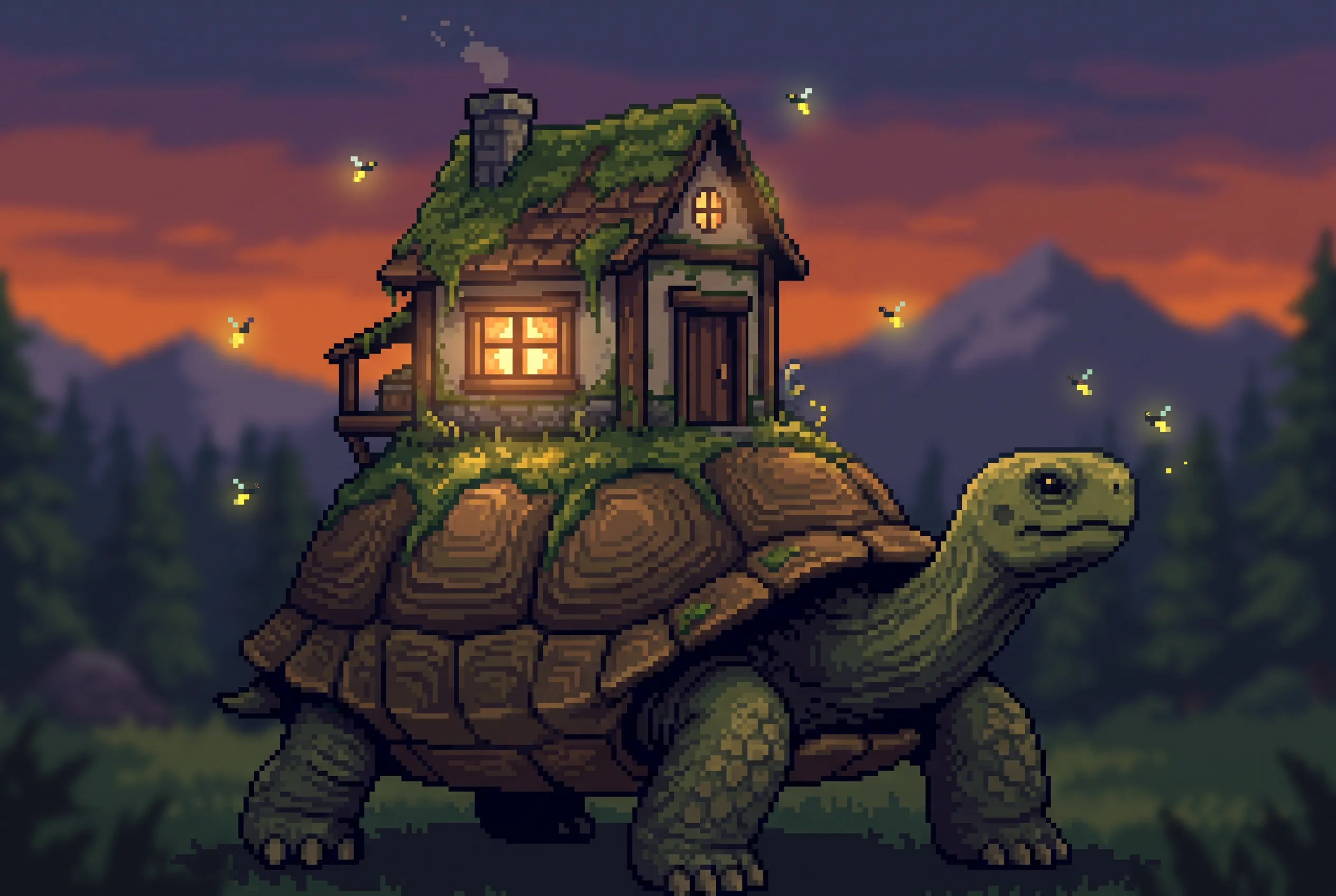Giant tortoise with a lantern-lit cottage on its shell at dusk, HD pixel art