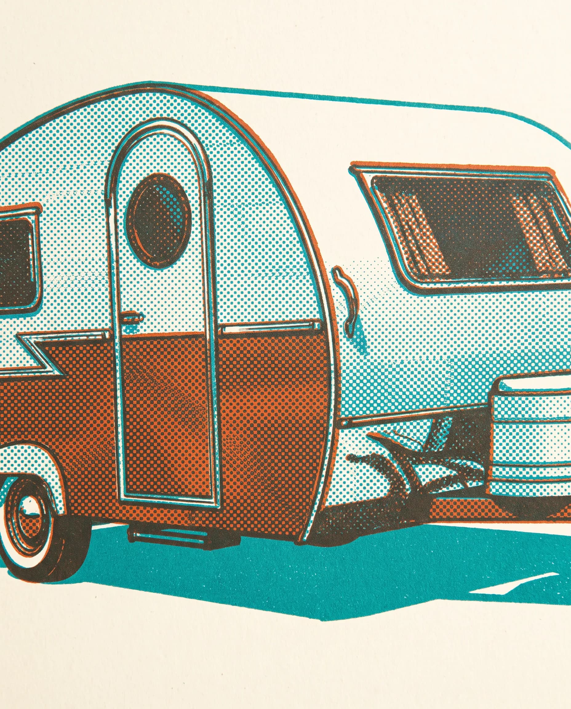 Two-color screen print of a teardrop camper trailer with halftone dots, retro art style