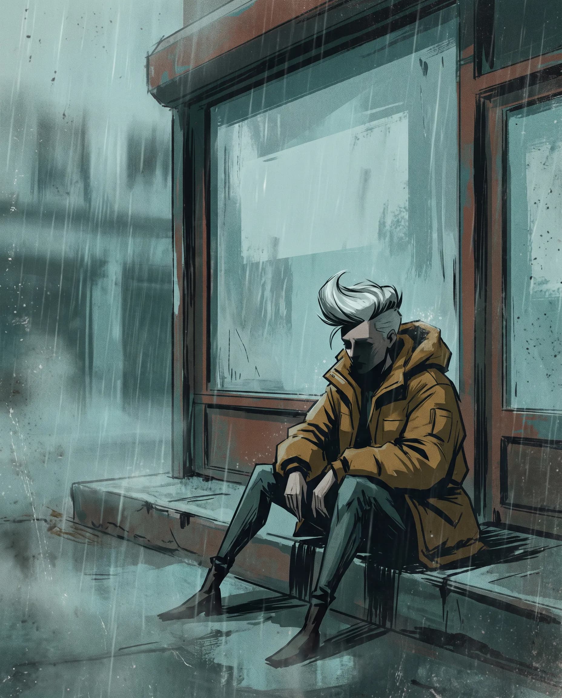 Record-shop owner sitting on her shop step in the rain, grainy digital painting with photo textures in the Gorillaz art style