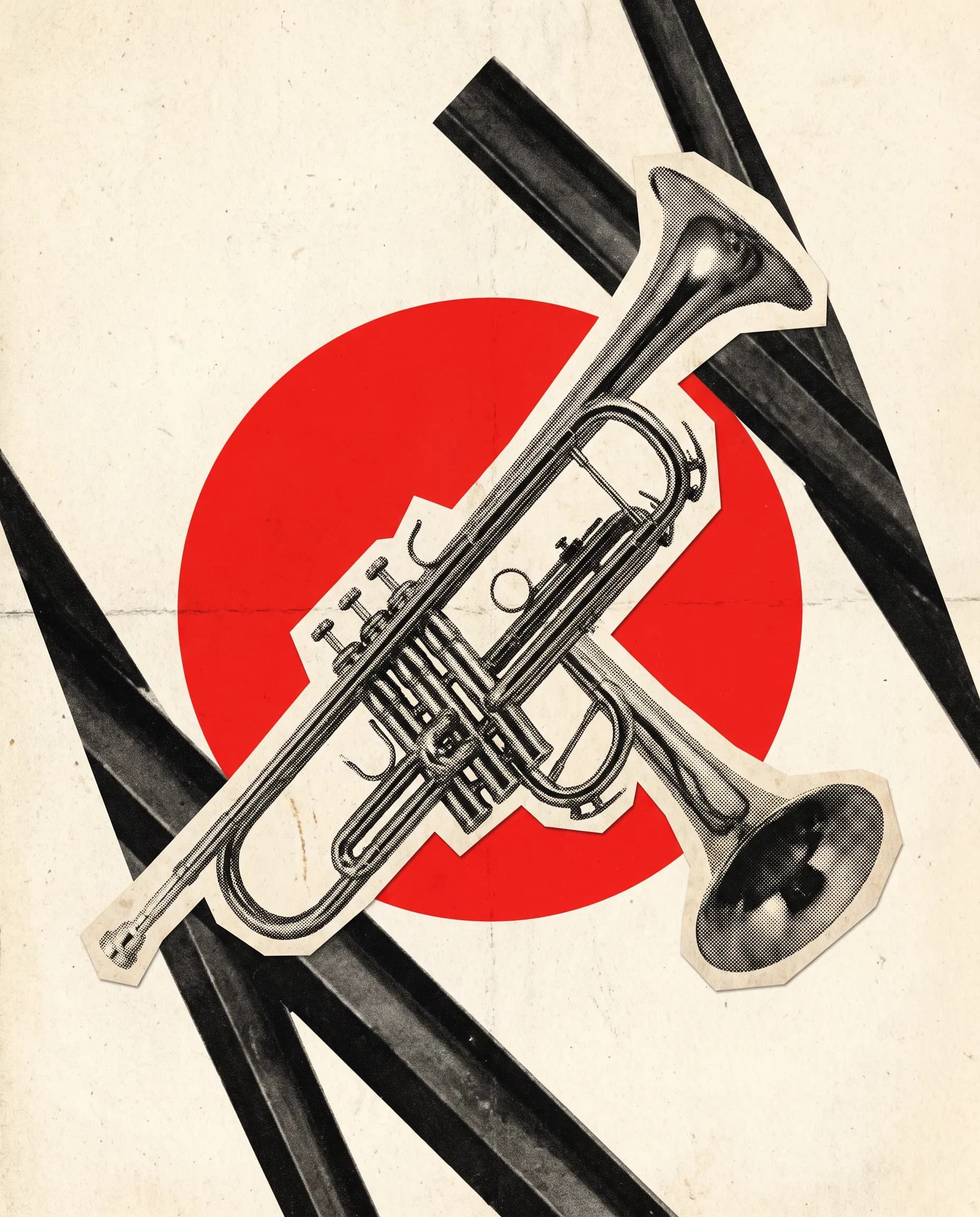 Black and white trumpet photo over a red circle and diagonal bars, Constructivist photomontage style