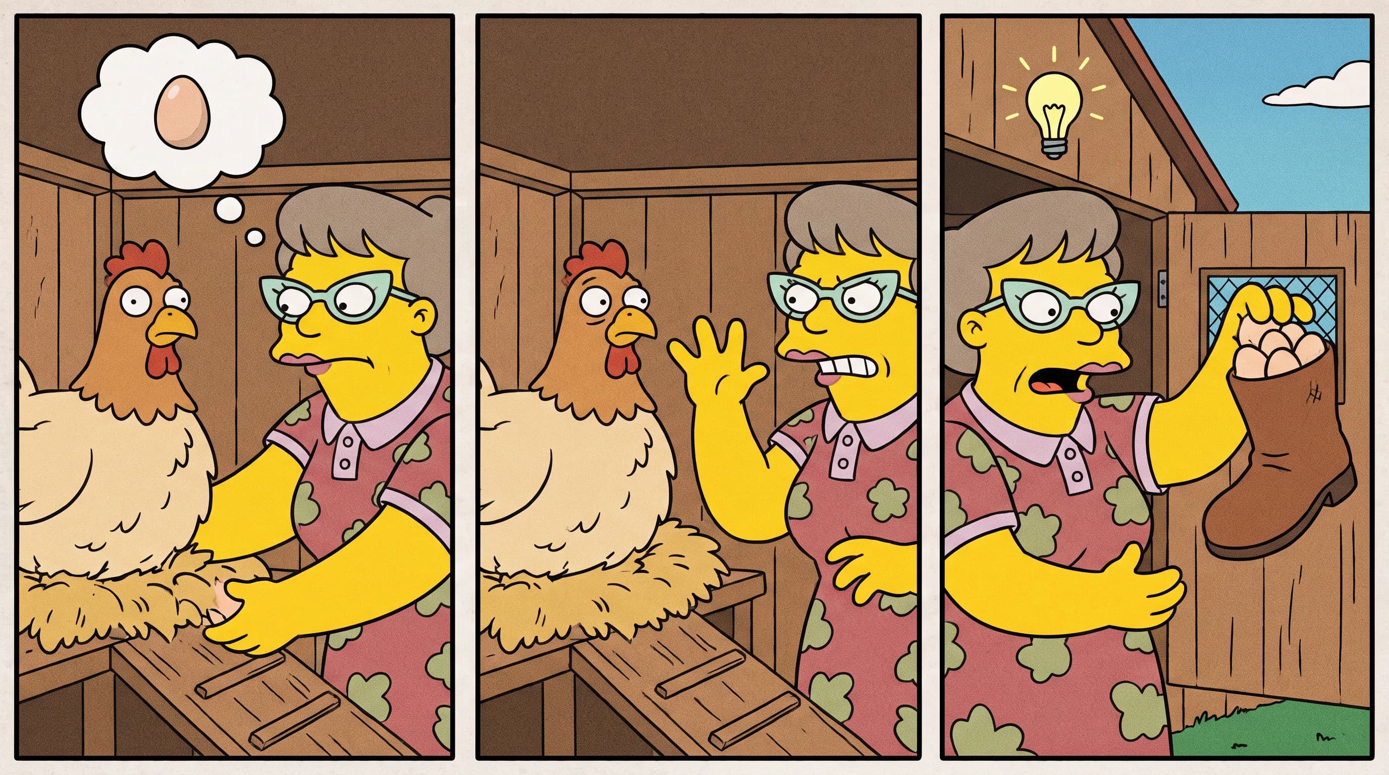 Three-panel wordless comic strip of a woman finding eggs hidden in her boot, Simpsons art style