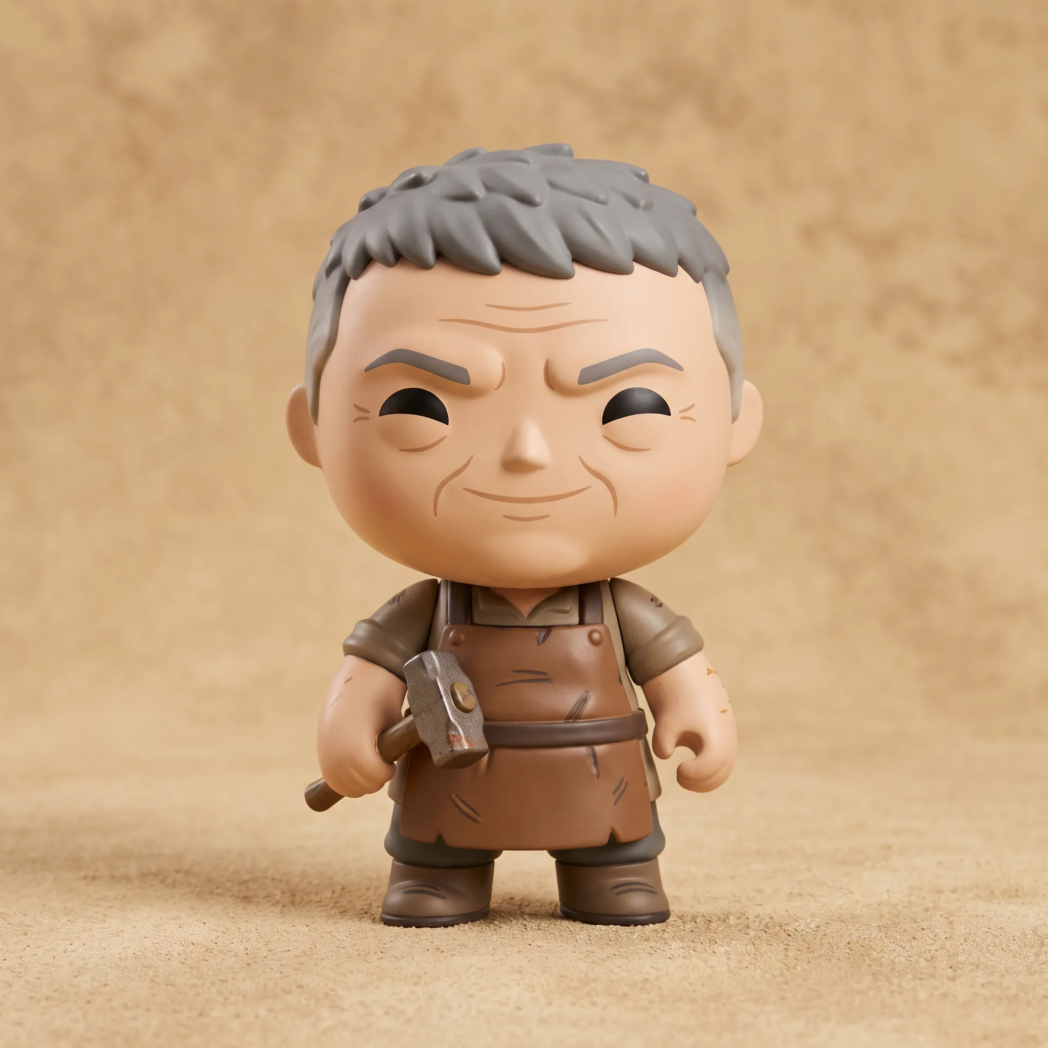 Two-heads-tall vinyl figure of a blacksmith in a chibi character art style