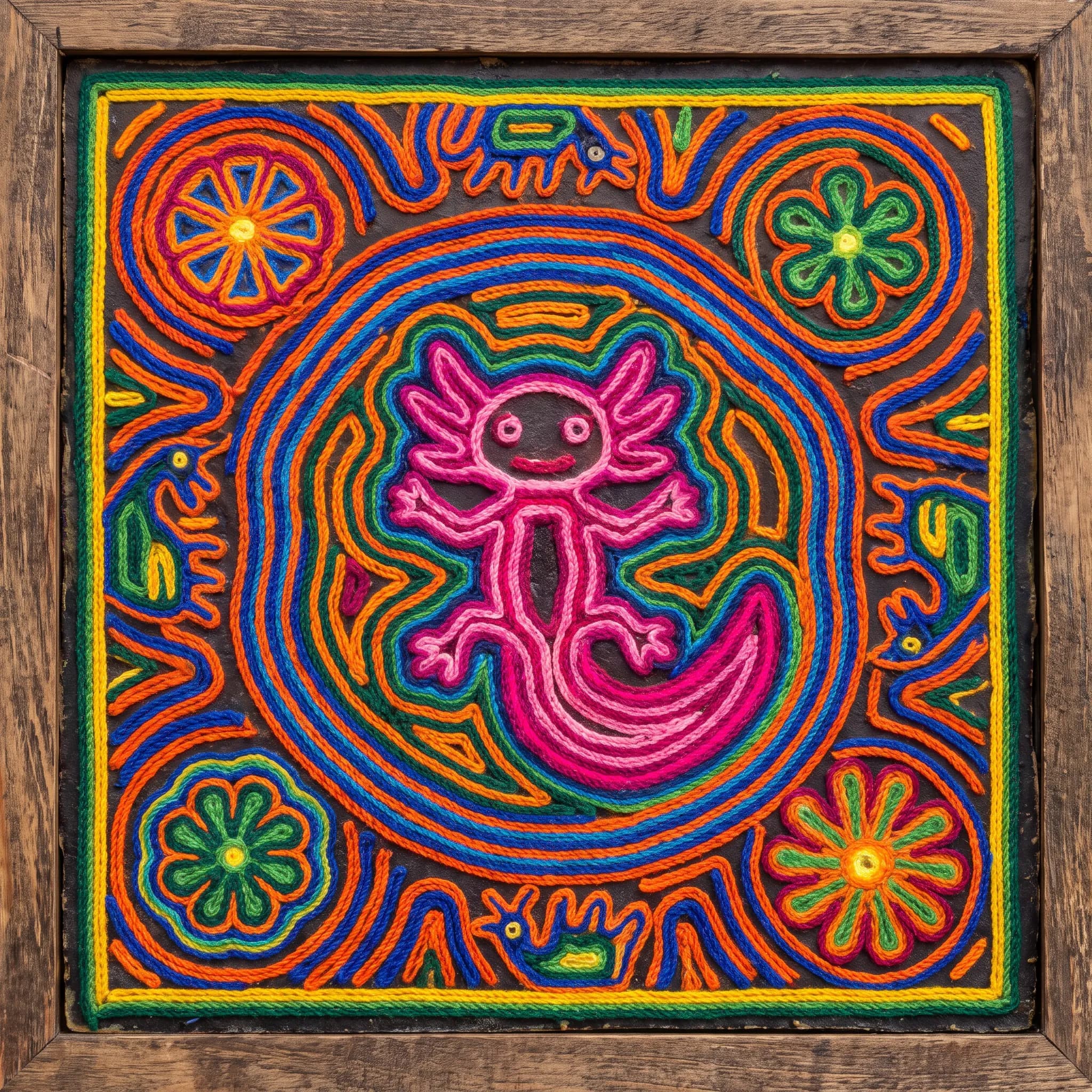 Huichol yarn painting of a pink axolotl in concentric yarn outlines, Mexican folk art style