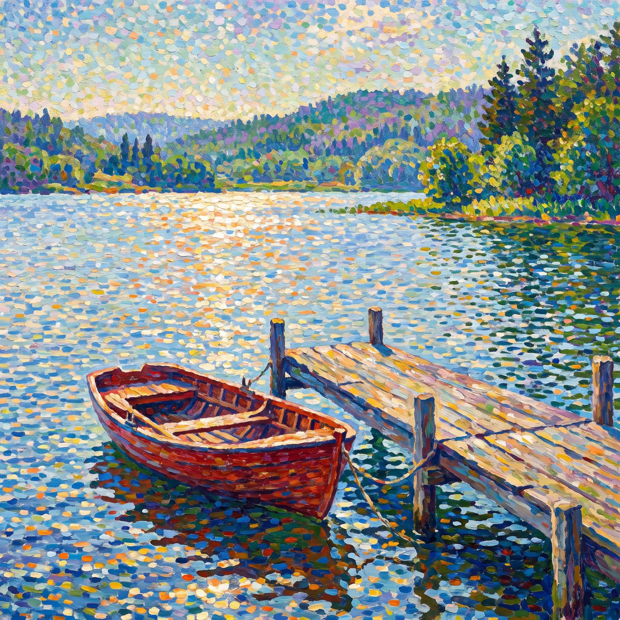 Red rowboat on a calm lake painted in neo-impressionist divisionist dots