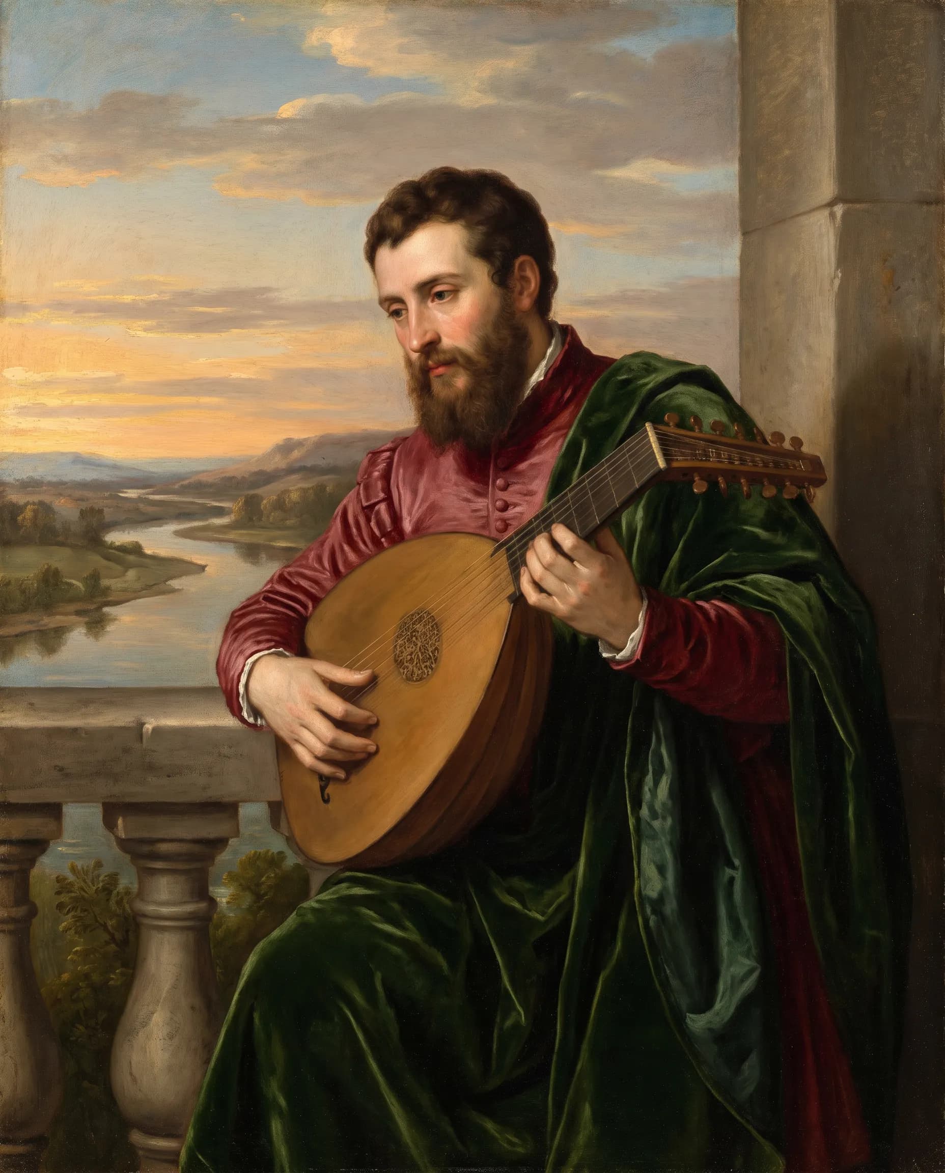 Venetian oil painting of a bearded lute player at a balustrade in golden light, renaissance art style