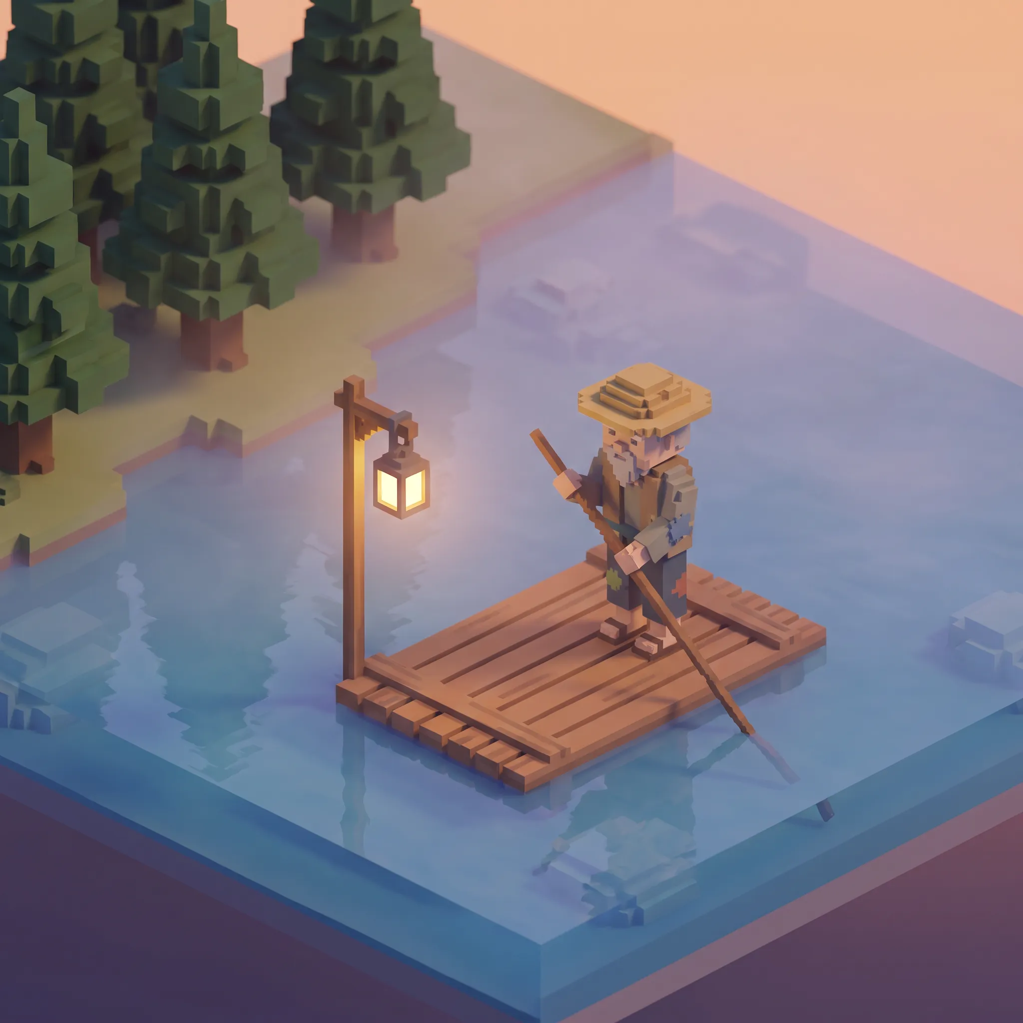 Elderly ferryman poling a raft across a blocky river, voxel game art