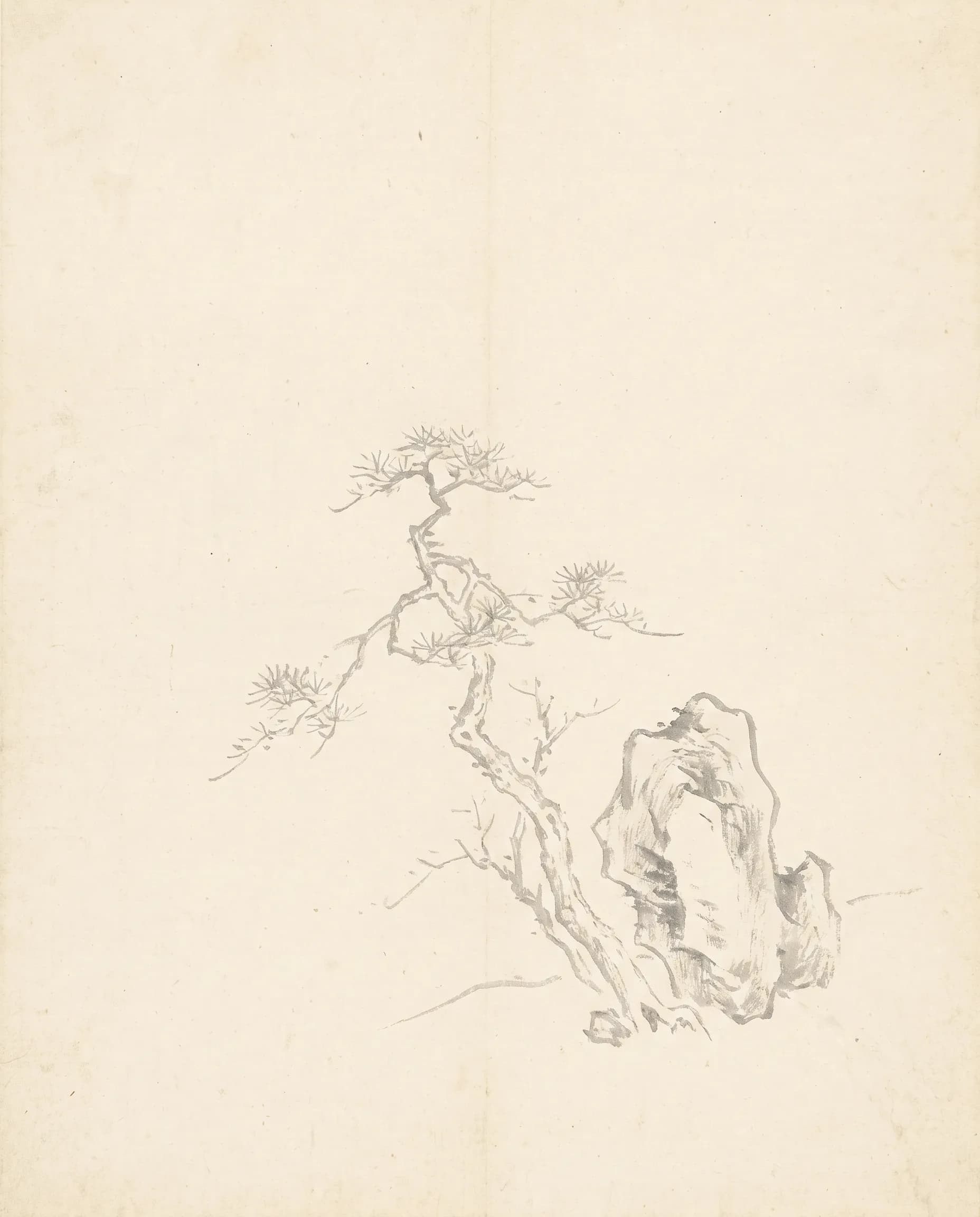 Sparse pine beside a weathered rock in pale dry-brush ink on an album leaf, literati Chinese art style