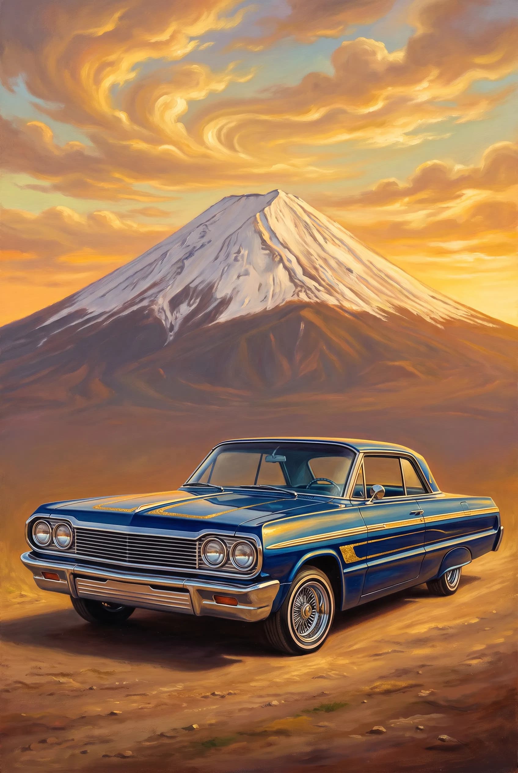 Calendar-art oil painting of a lowrider sedan before a volcano at sunset, Chicano art style