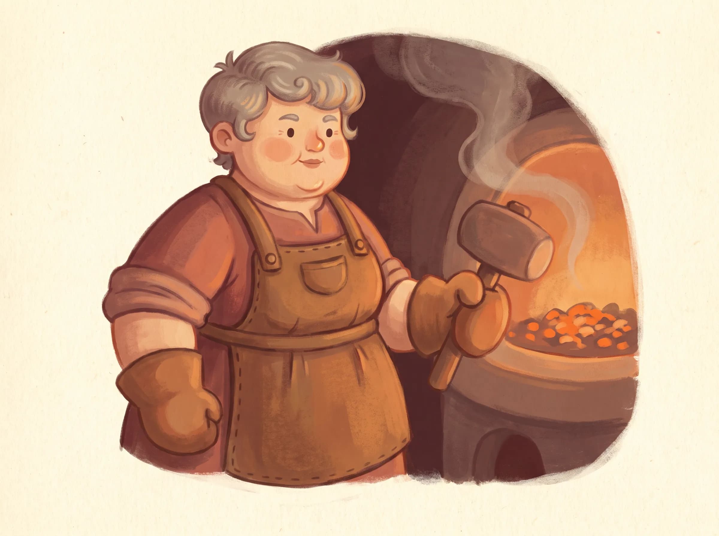Blacksmith drawn with soft round shapes in a gouache storybook character art style