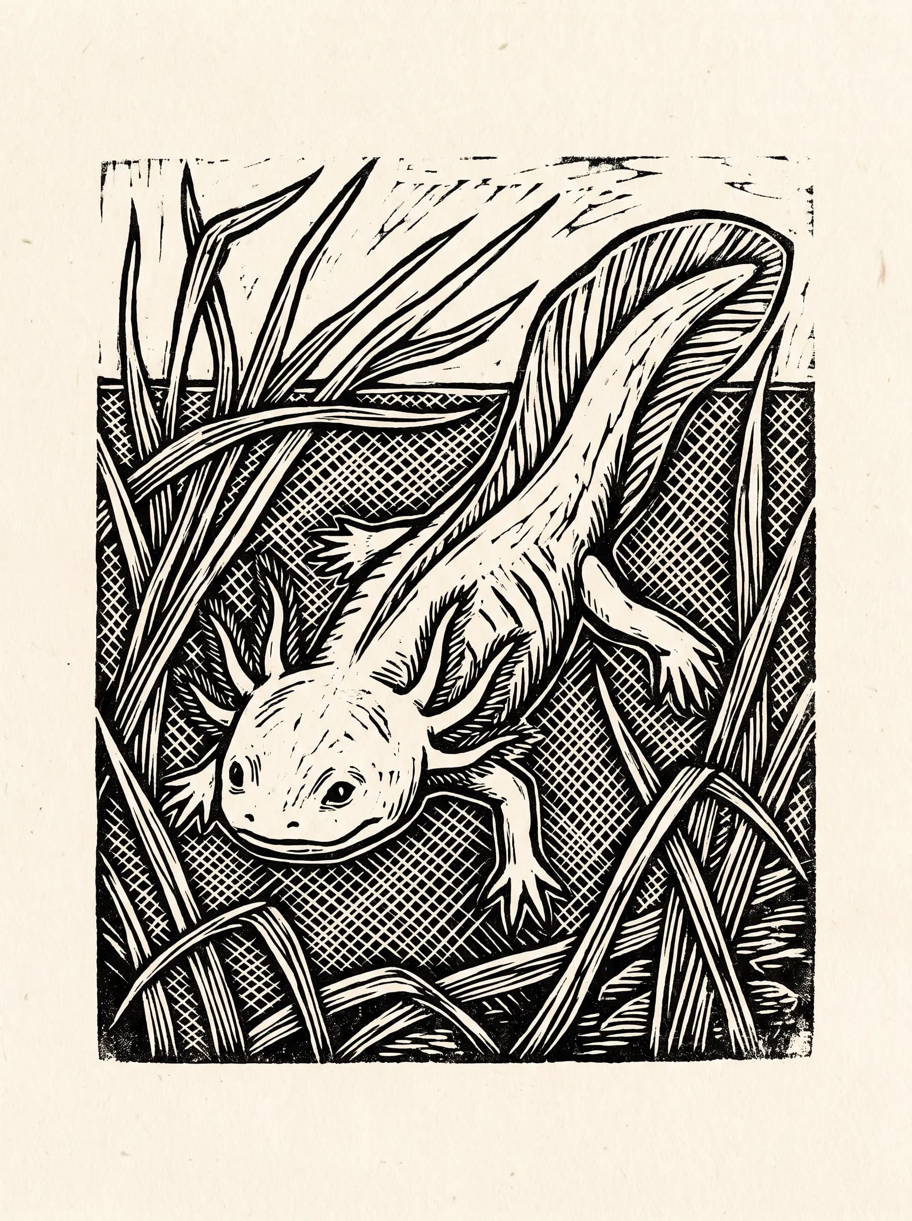 Black-and-white woodcut print of an axolotl in reeds, Mexican printmaking style