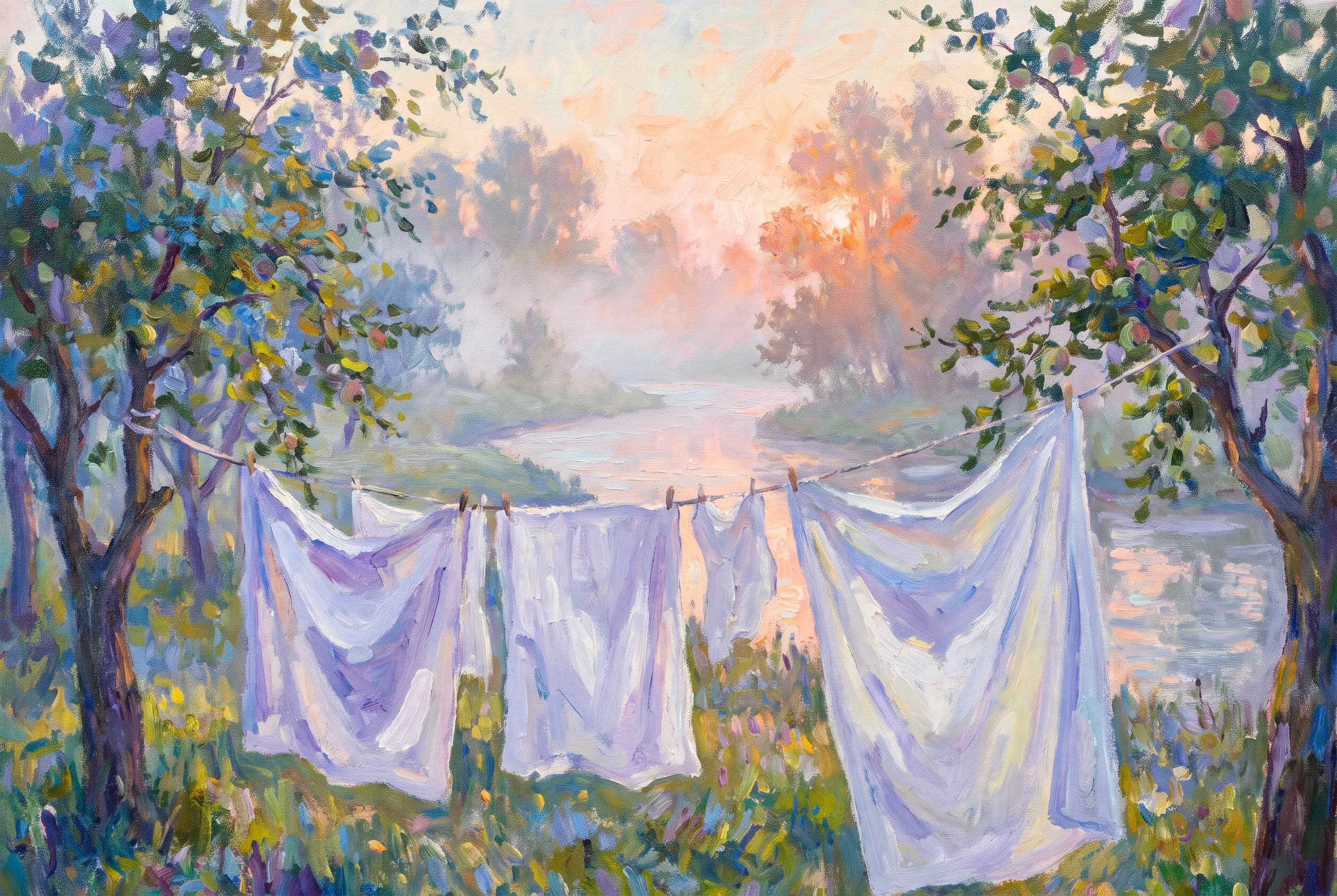 Oil painting of white sheets drying on a line in a misty riverside orchard at dawn, Claude Monet art style