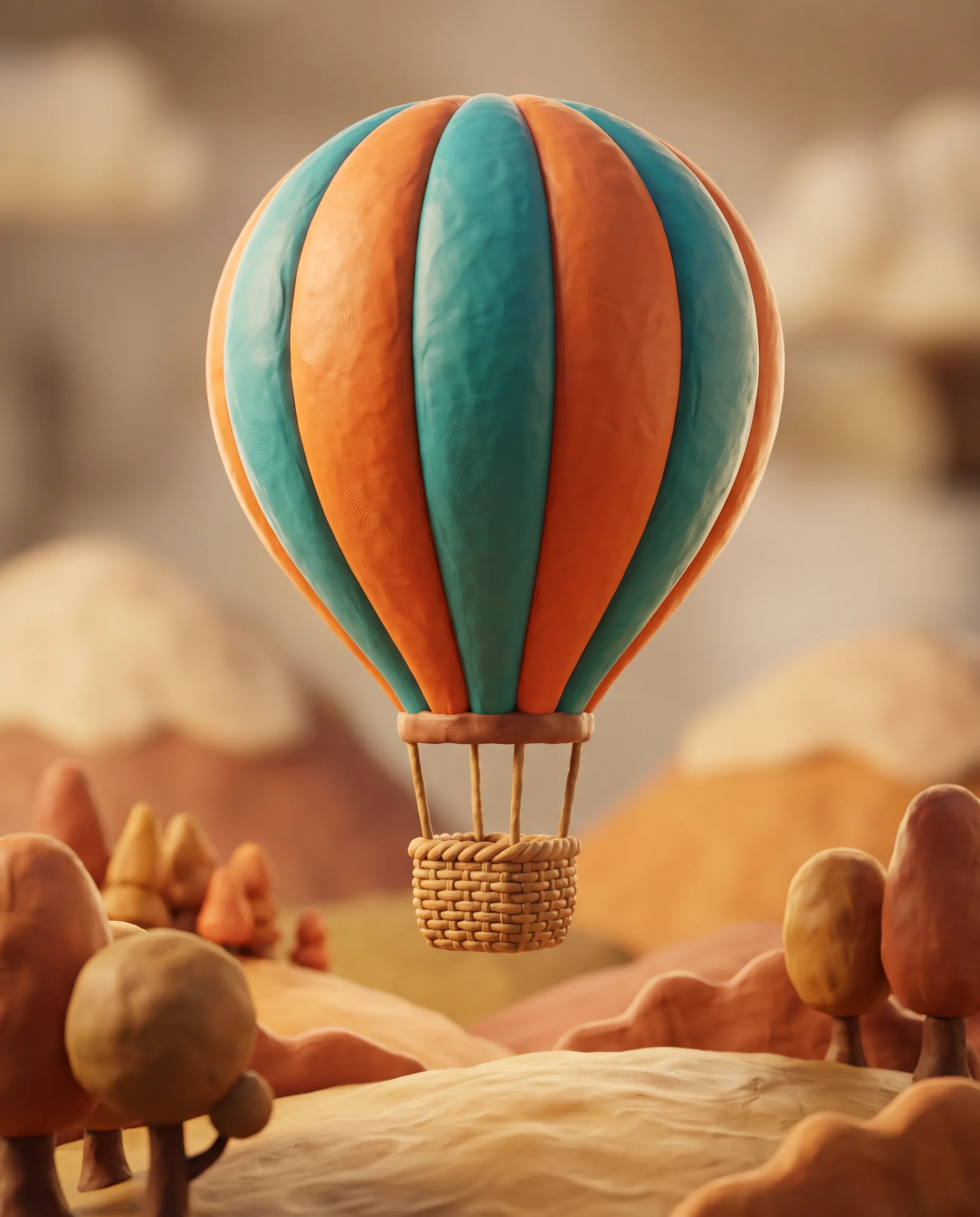 Plasticine hot air balloon with fingerprints over sculpted clay hills, clay 3D art style