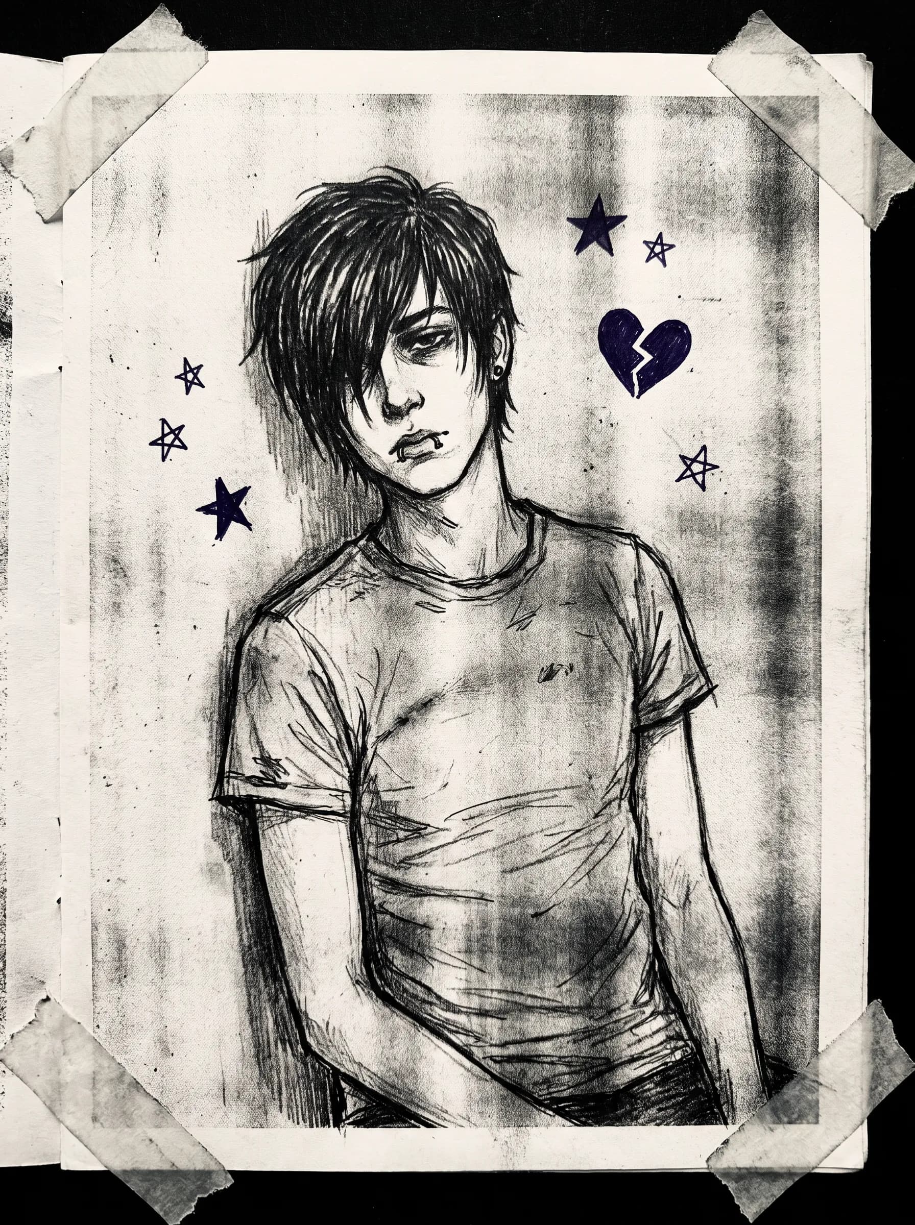 Photocopied zine page of a stubbled man with a black fringe and lip rings, grainy emo art style