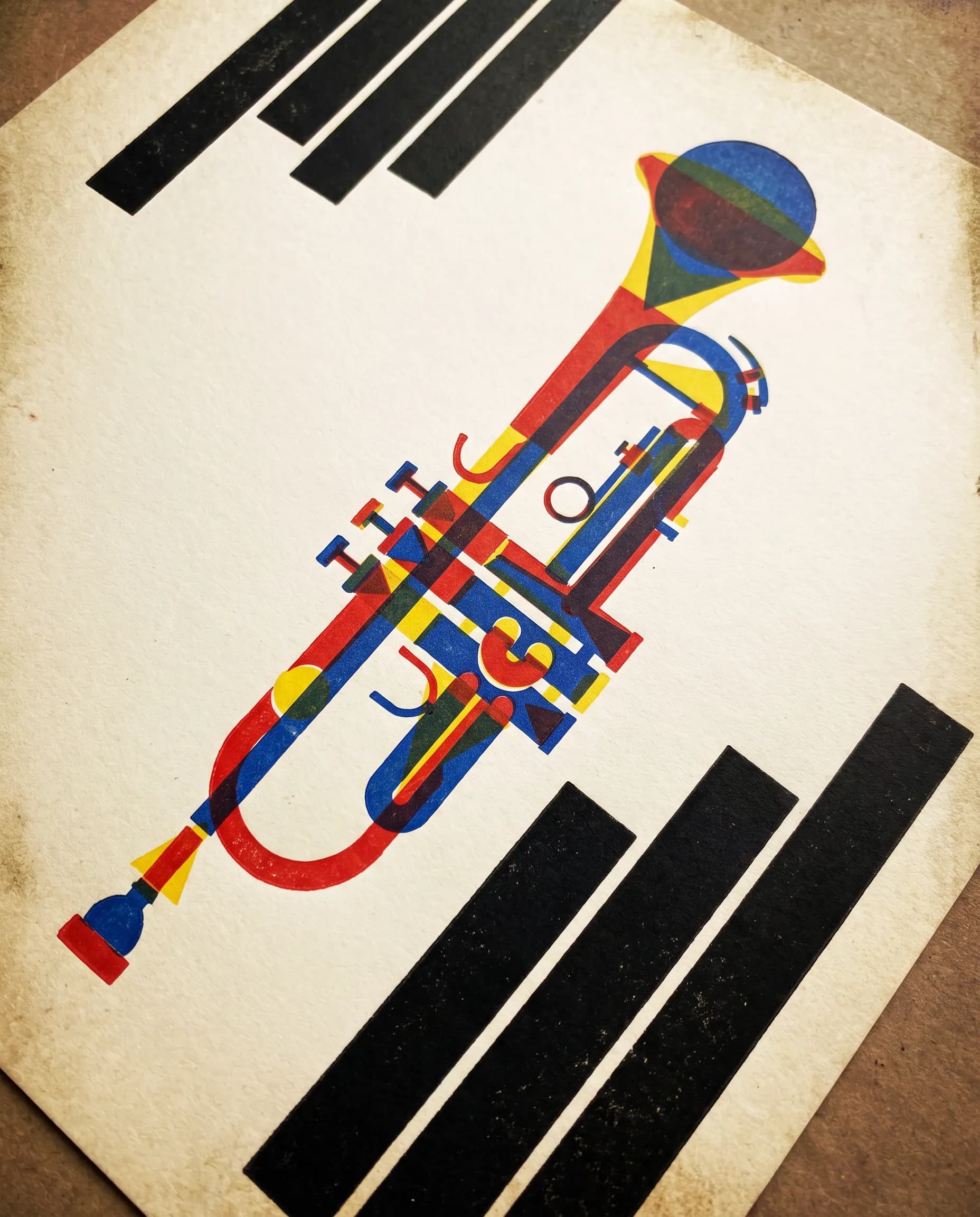 Brass trumpet built from circles and triangles in primary colors, Bauhaus graphic style print