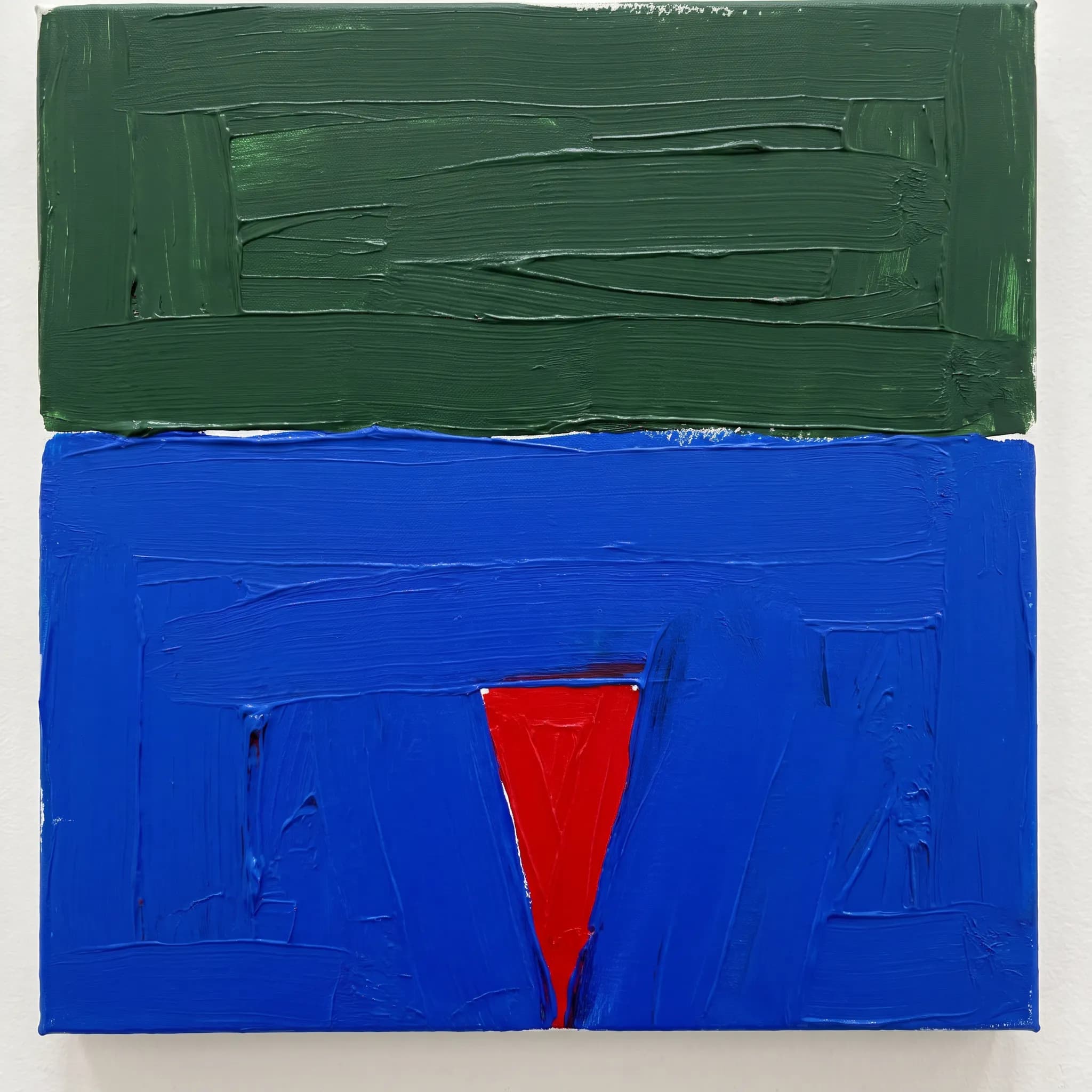 Abstract acrylic painting of a red rowboat reduced to flat color fields